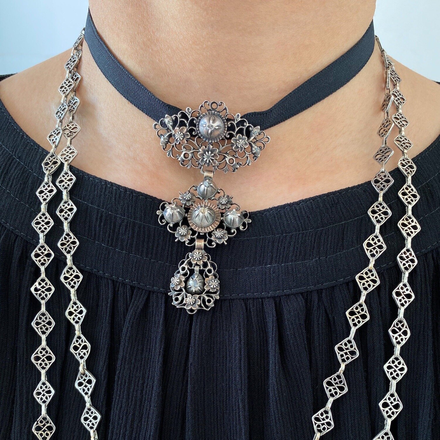 Antique French Silver Filigree Long Chain — Luck and Lockets
