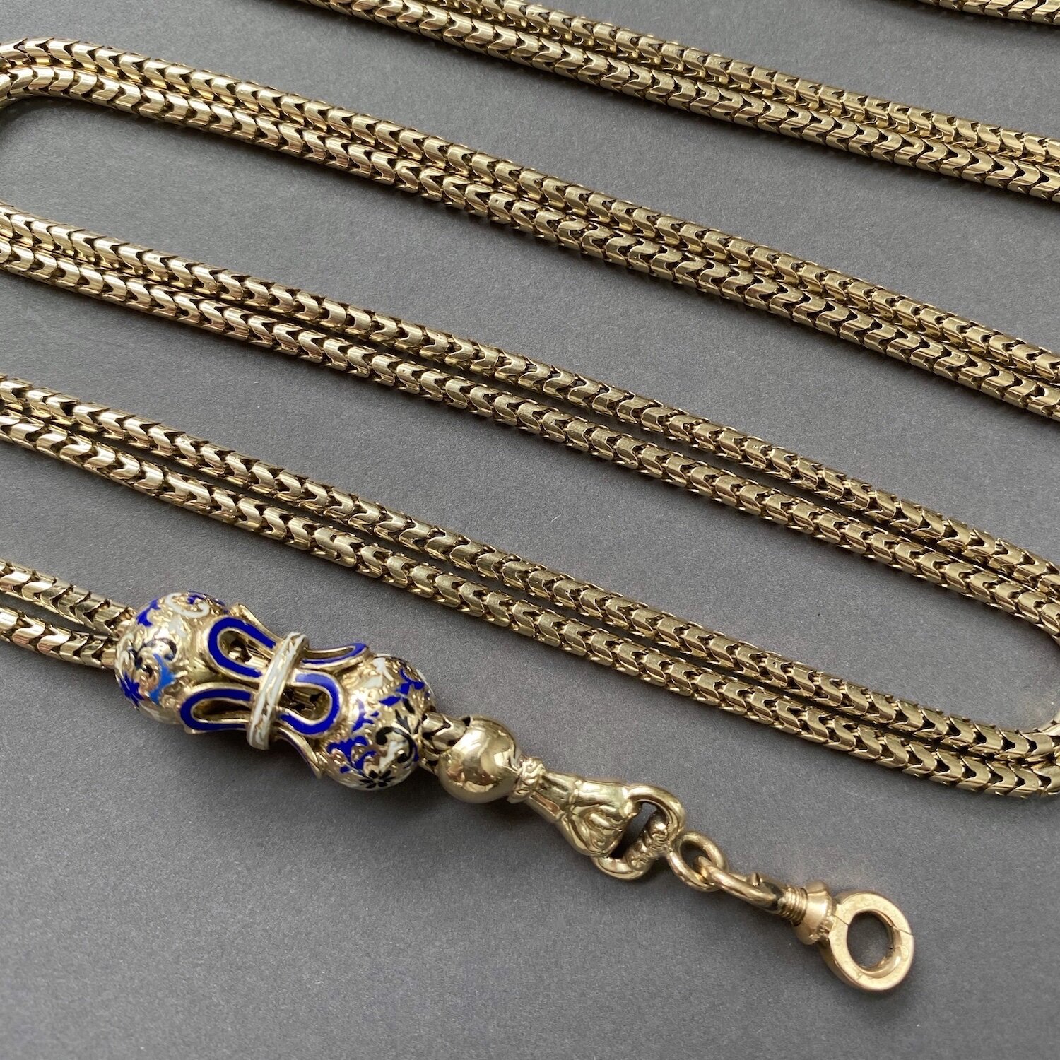 (SOLD) Antique Victorian Snake Link Long Guard Chain with Enameled Slide