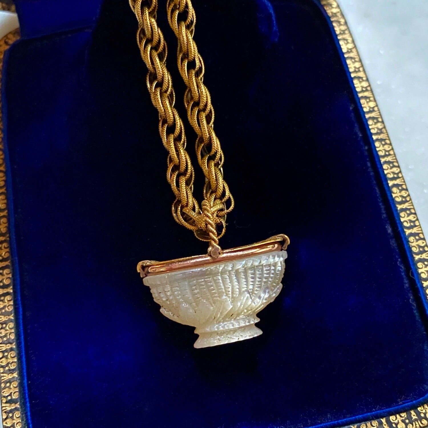 (SOLD) Antique Georgian Carved Mother of Pearl and Gold Vinaigrette Pendant