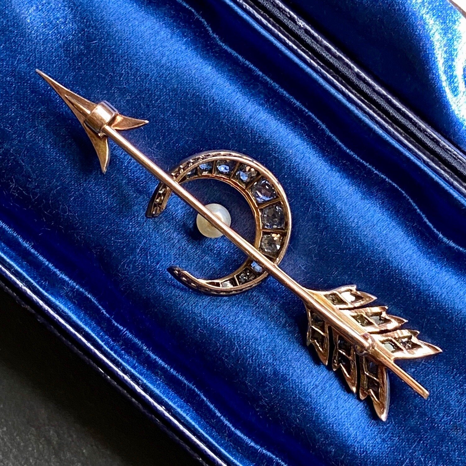 (SOLD) Antique Victorian Diamond Crescent Moon and Arrow Brooch