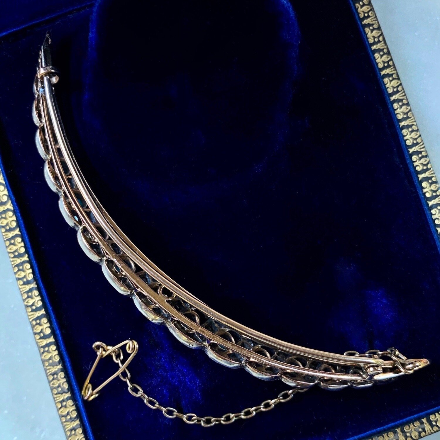 (SOLD) Antique Victorian Turquoise and Diamond Crescent Brooch