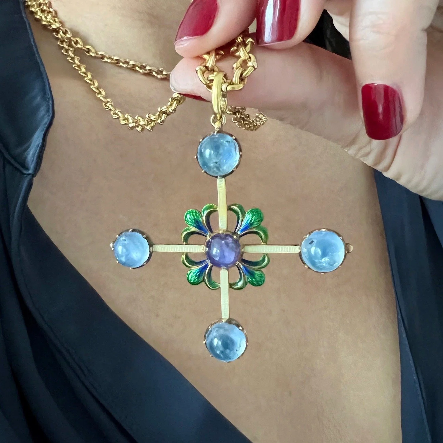 Antique Edwardian Sapphire, Gold, and Enamel Cross Pendant by Carlo and Arthur Giuliano -- Masterwork