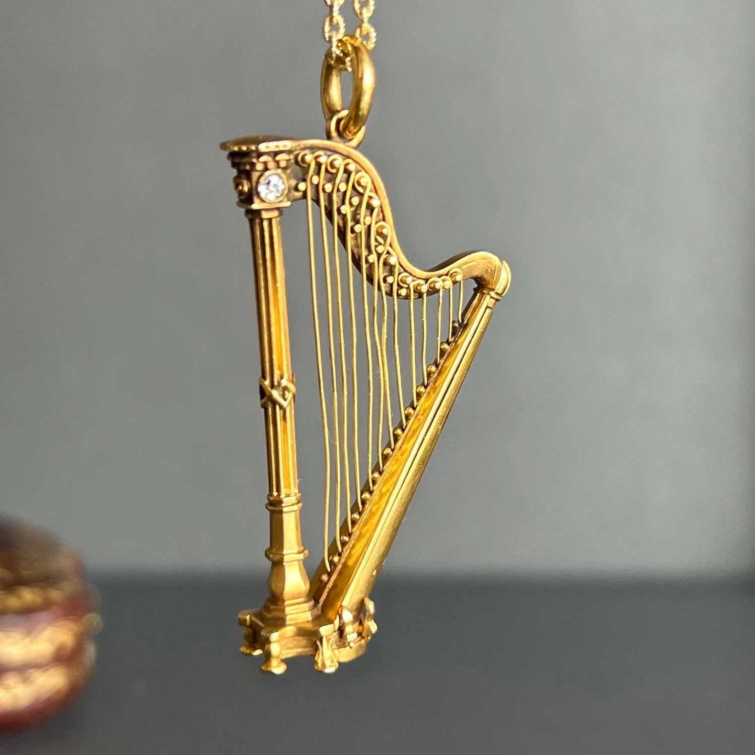 (SOLD) Antique Superb Quality Gold and Diamond Love Token Harp Pendant