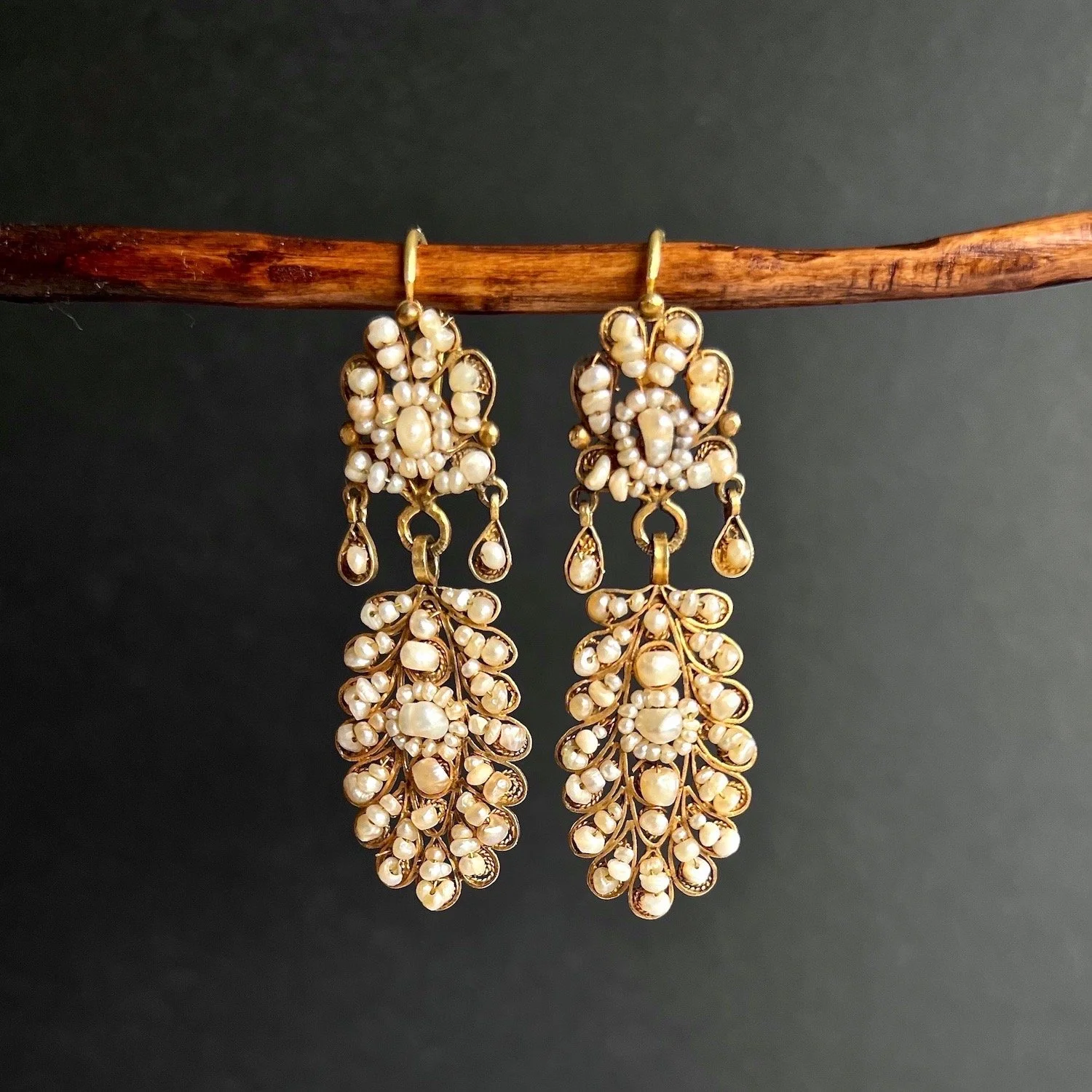 (SOLD) Antique 19th Century Spanish Gold Filigree and Seed Pearl Pendant Earrings
