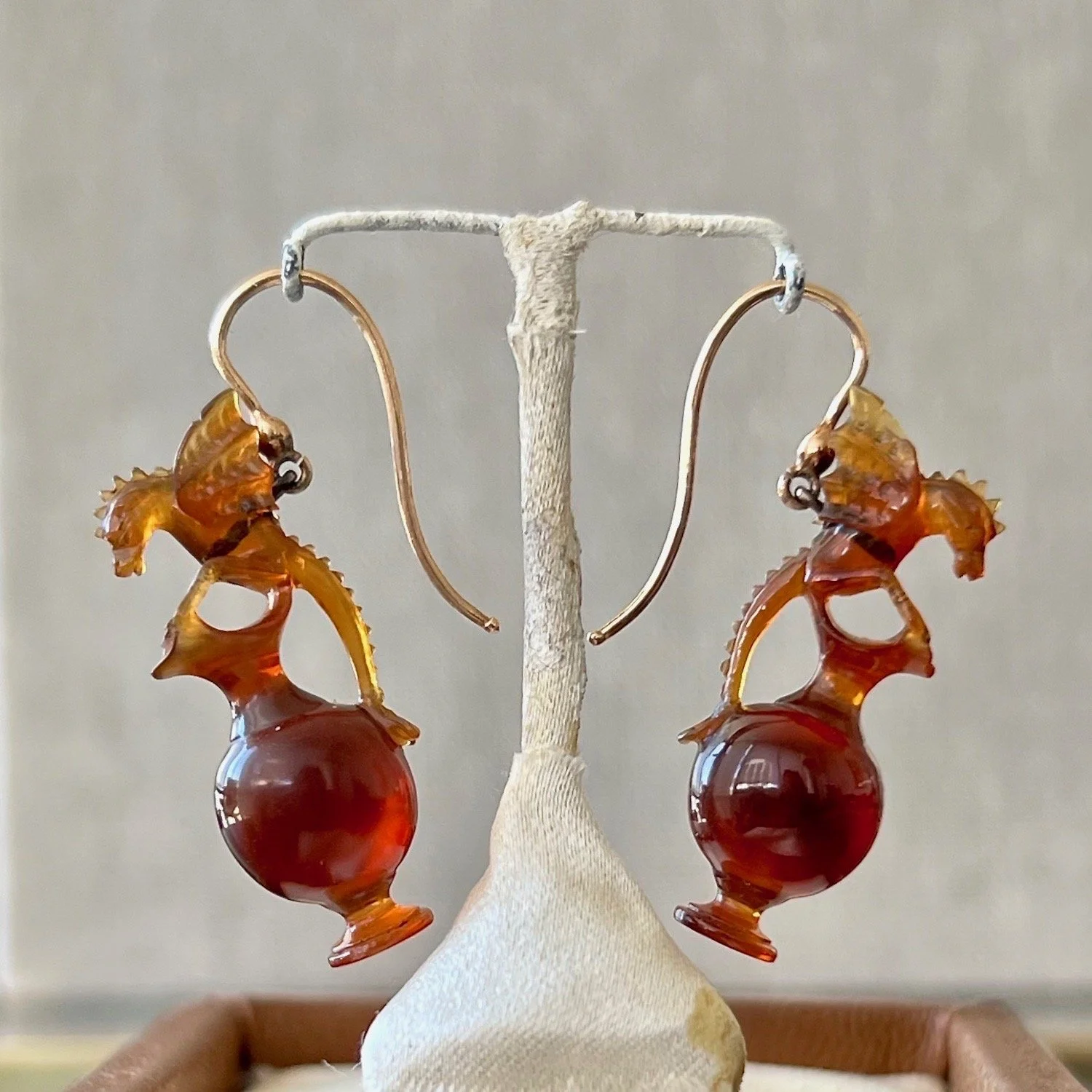 (SOLD) Antique Victorian Dragons and Amphorae Earrings with Vintage Pop-Up Display Box