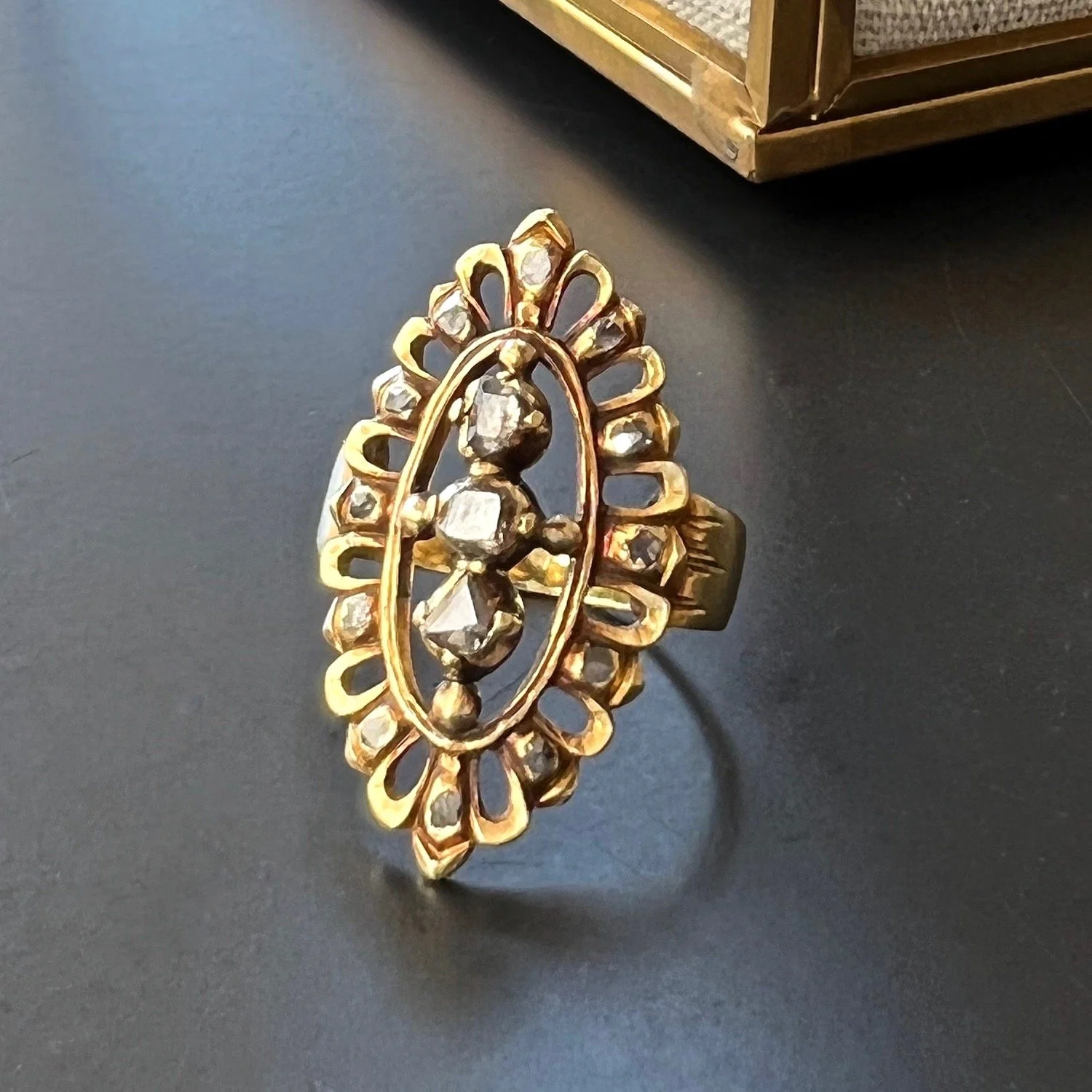 (SOLD) Antique Regional Spanish Gold and Diamond Navette Ring