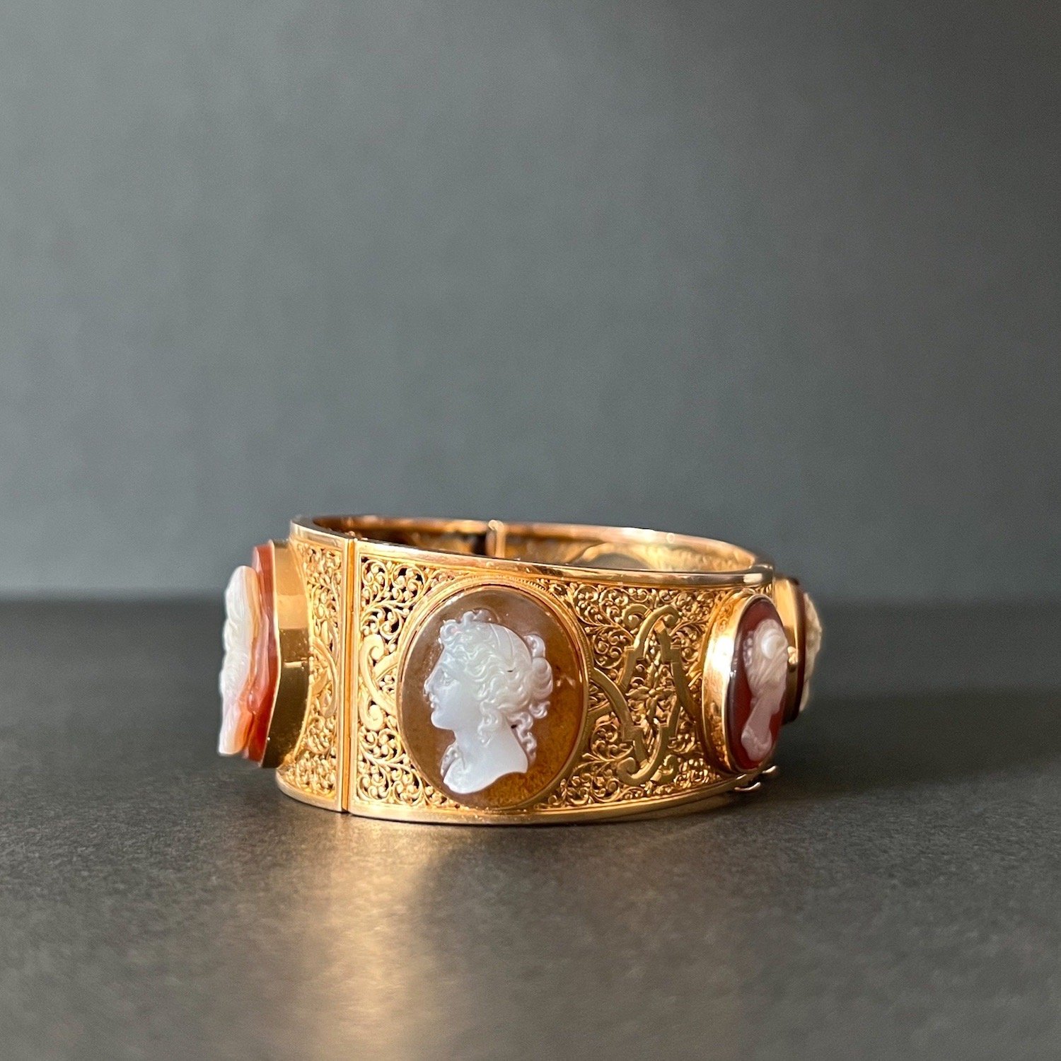 Antique French Six Cameo and Pierced Gold Bangle