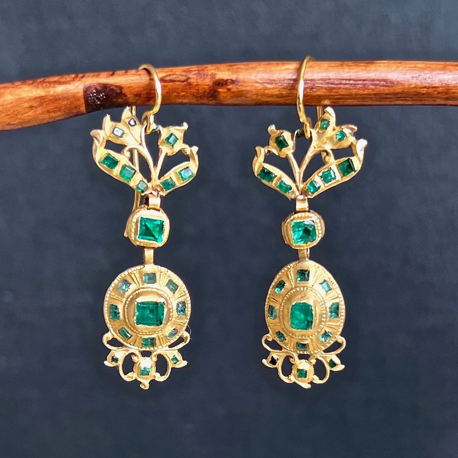 (SOLD) Transformed Antique Spanish Gold, Emerald, and Paste “Flower Pot”/Giardinetti Pendant Earrings