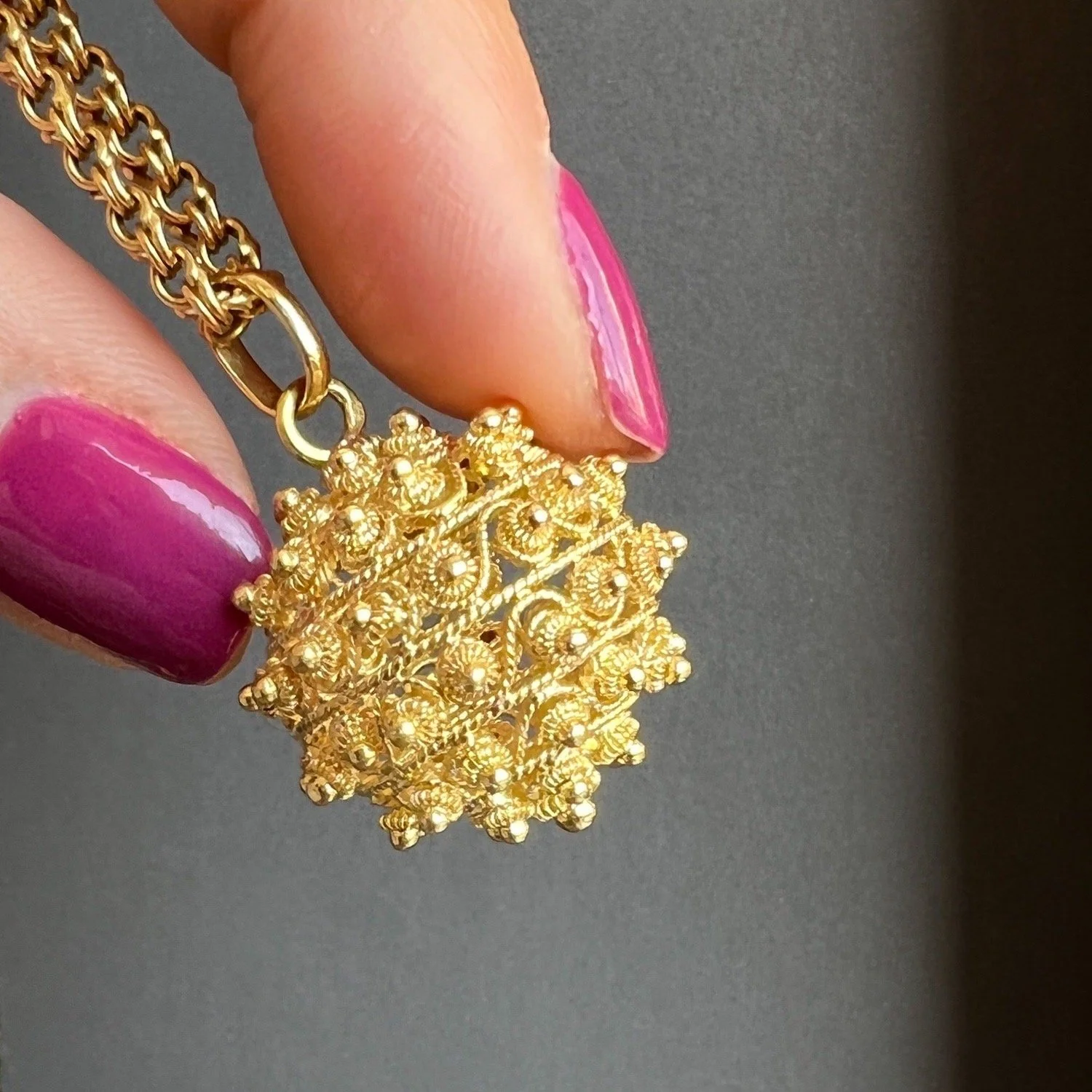 (SOLD) Vintage Large 19.2k Gold Filigree and Granulation Ball Pendant