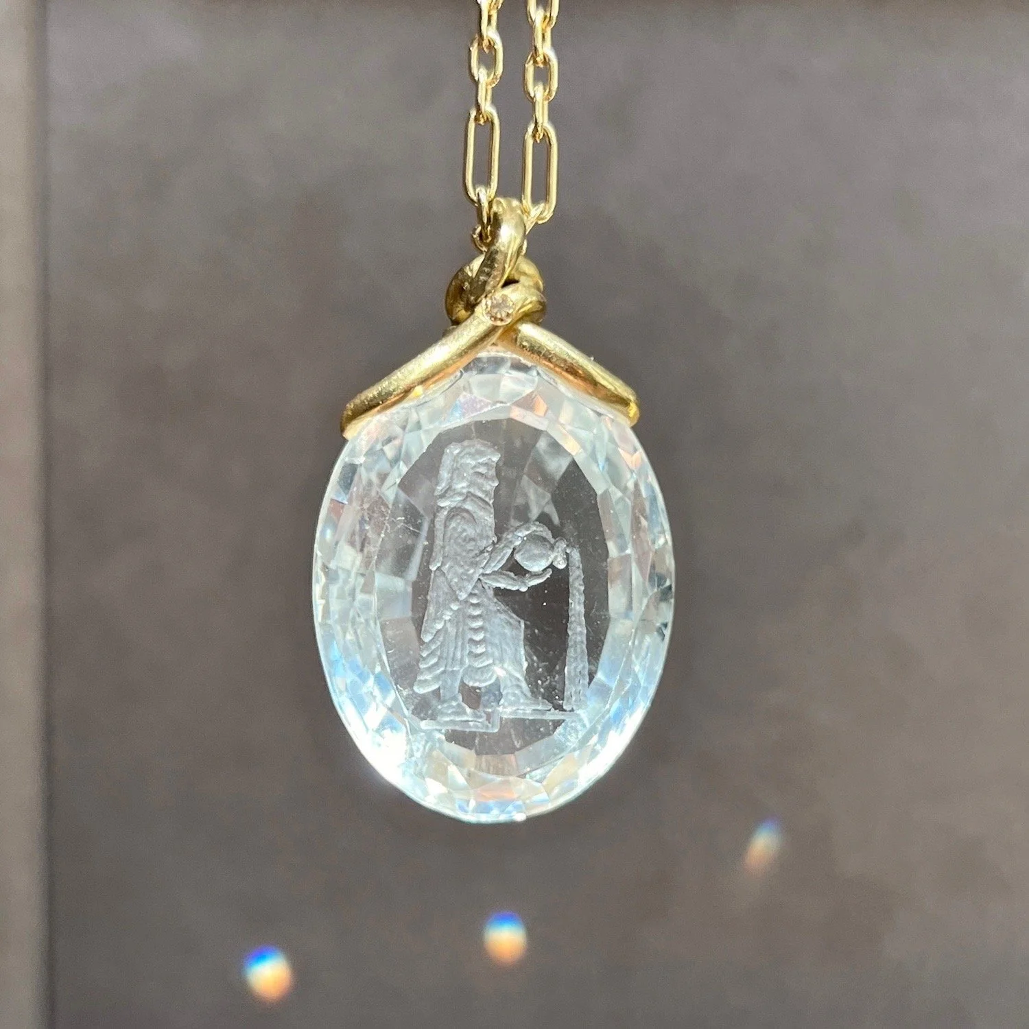 (SALE) Vintage/Estate Rock Crystal “Water Bearer” Aquarius Intaglio Zodiac Pendant with Chain Option