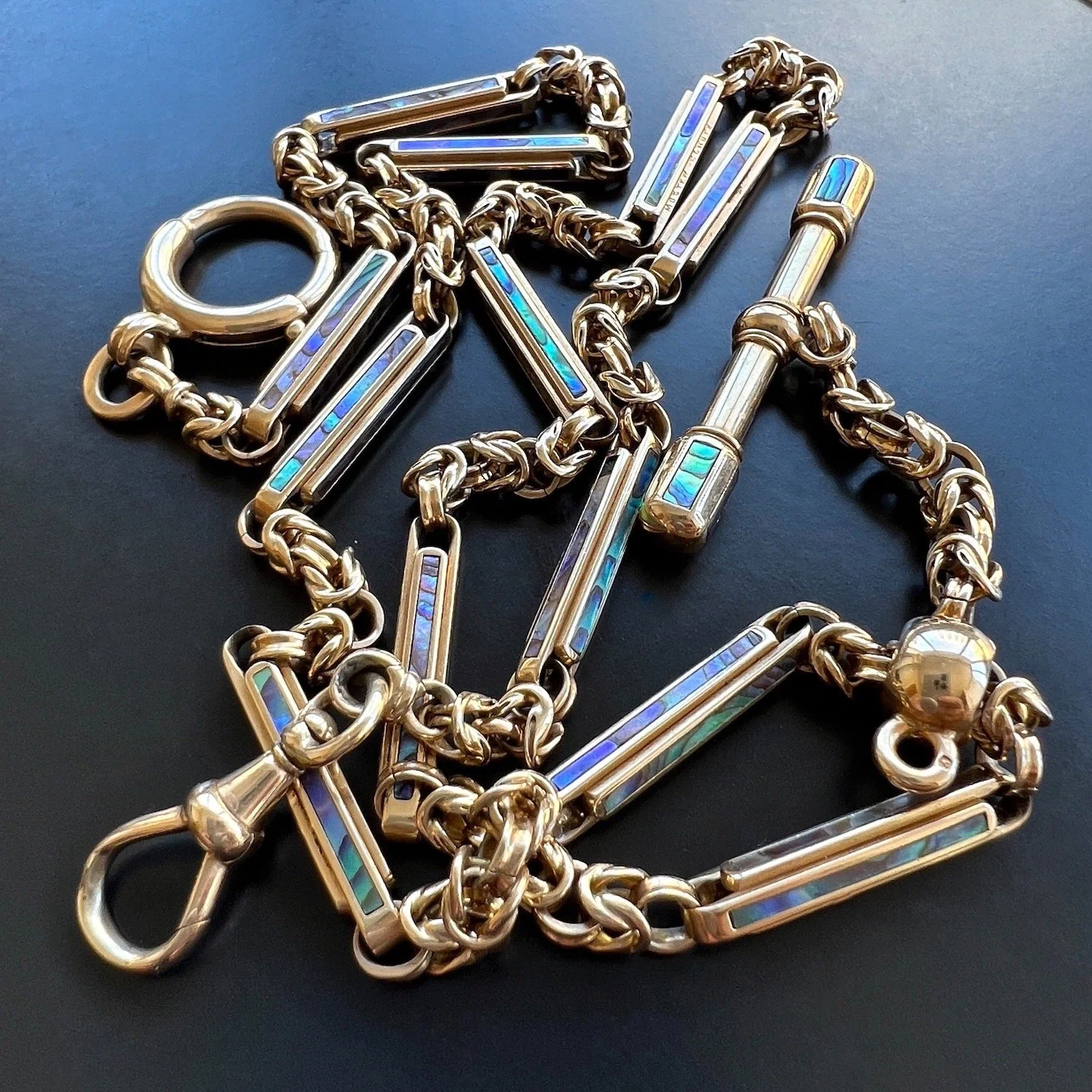 (SOLD) Antique Rare Austro-Hungarian Abalone Shell Inlaid Gold Watch Chain