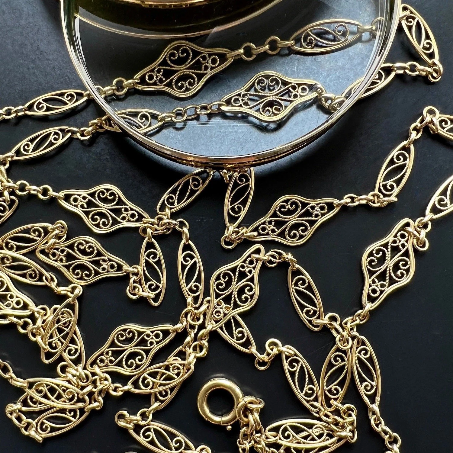 (SOLD) Antique French Gold Mixed Fancy Filigree Link Sautoir