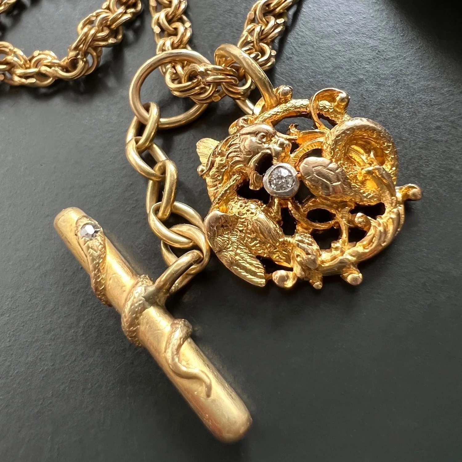 (SOLD) Antique Art Nouveau Gold Dragon and Snake Pendant/Charm