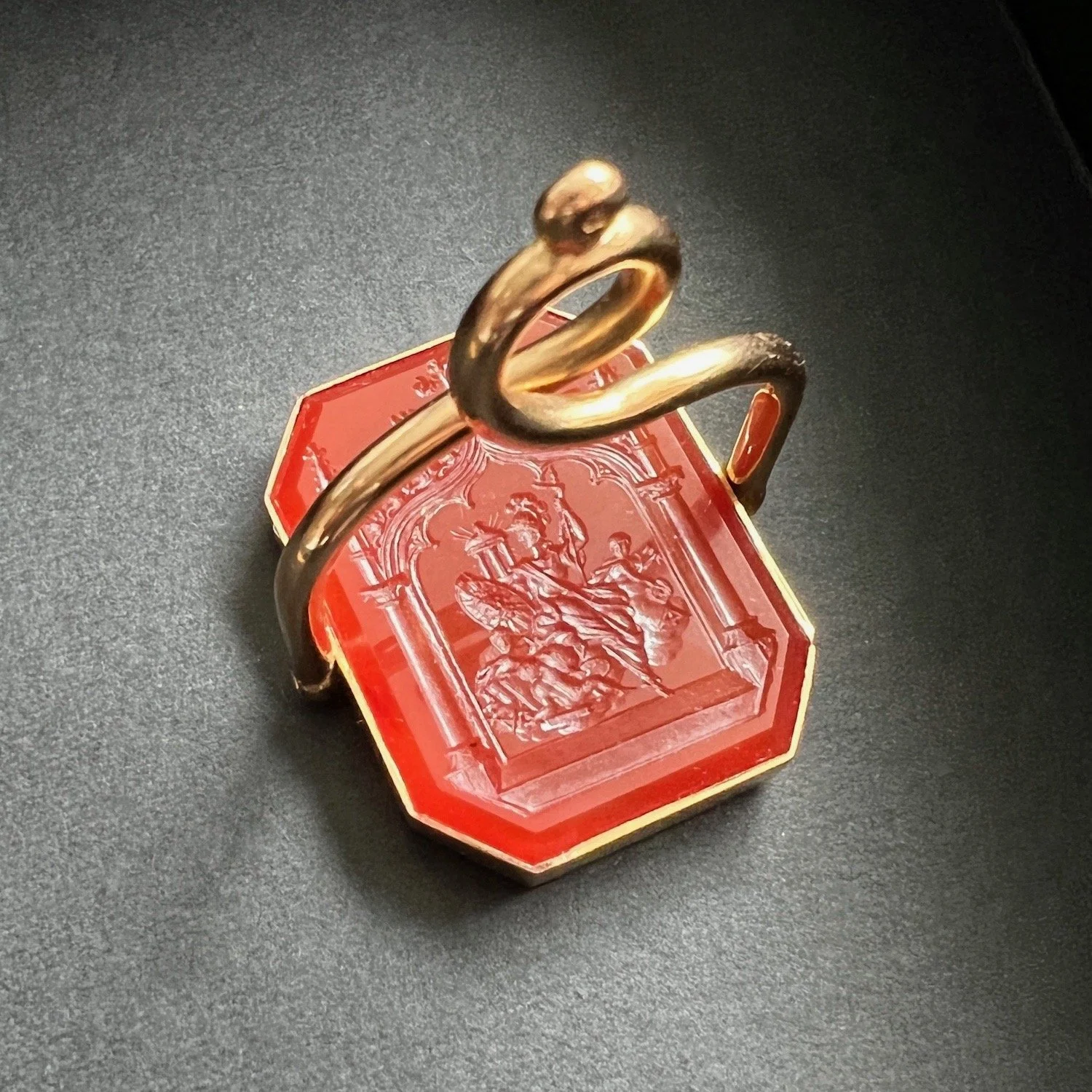 Antique French Gold and Carnelian Intaglio Swivel Fob Pendant of Athena