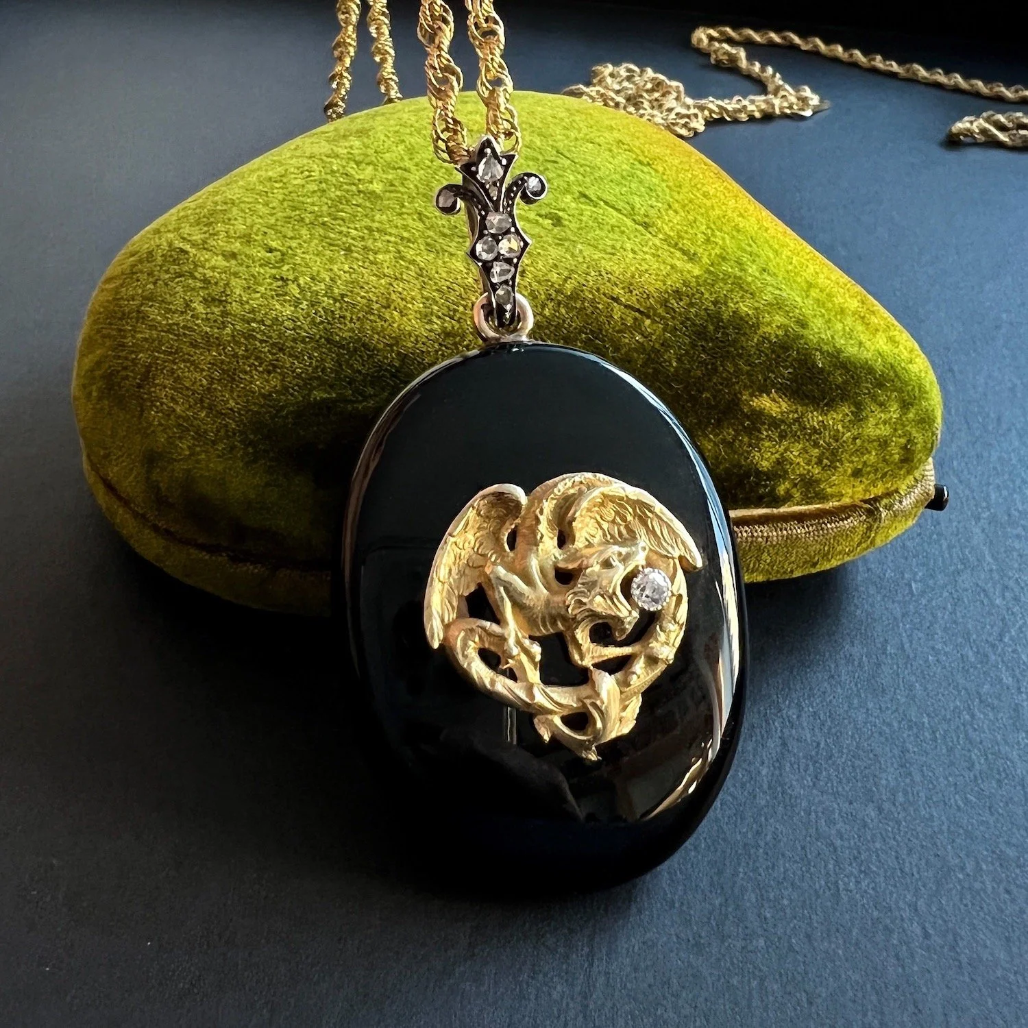 (SOLD) Antique Victorian Gold and Onyx Dragon Locket Pendant