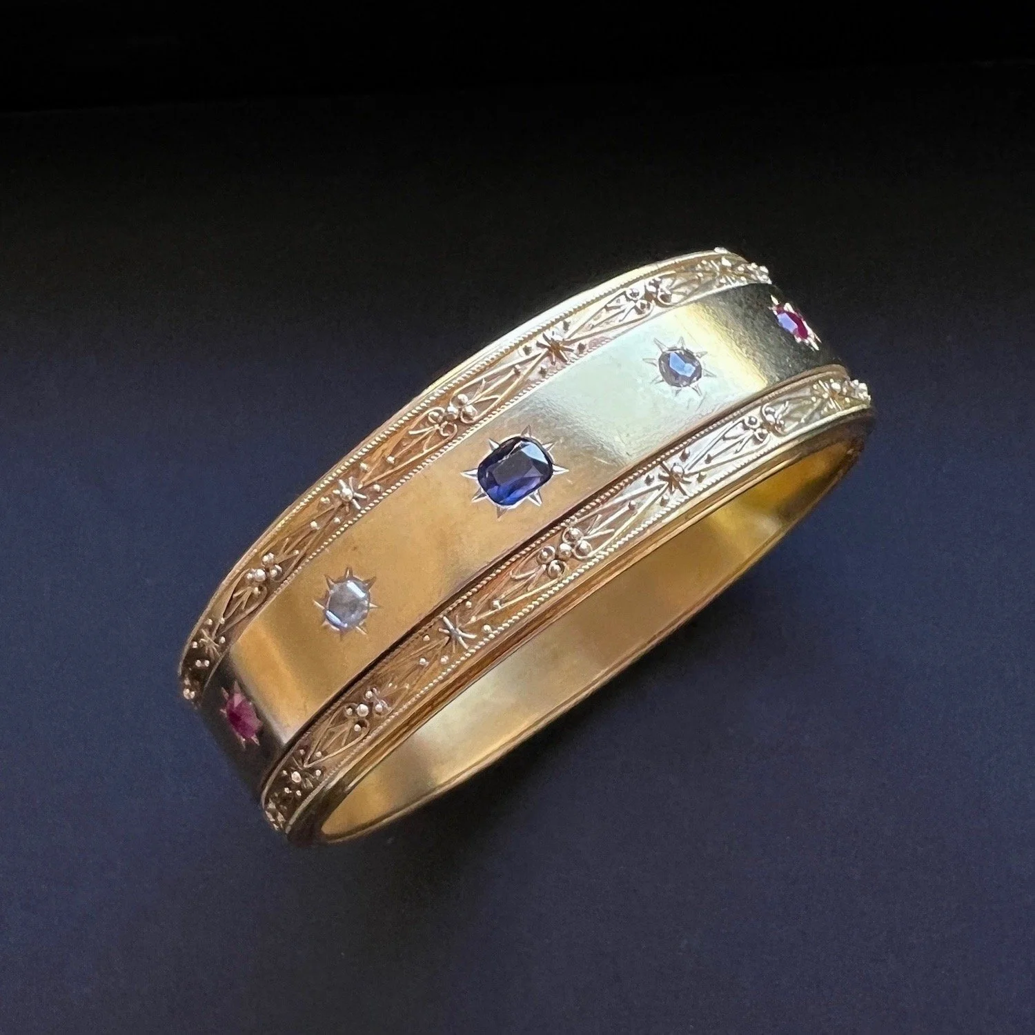 (SOLD) Antique Victorian Etruscan Revival 5 Gemstone Double Sided Bangle