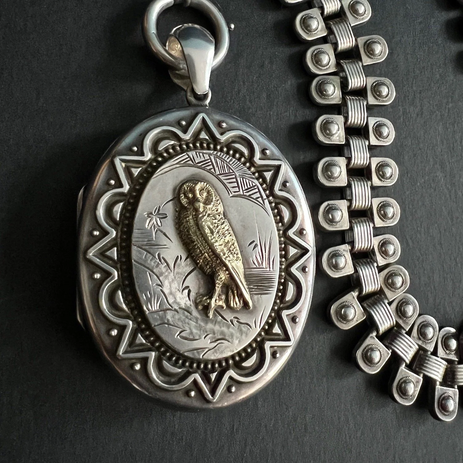 (SOLD) Antique Victorian Aesthetic Movement Silver Owl Locket and Collar