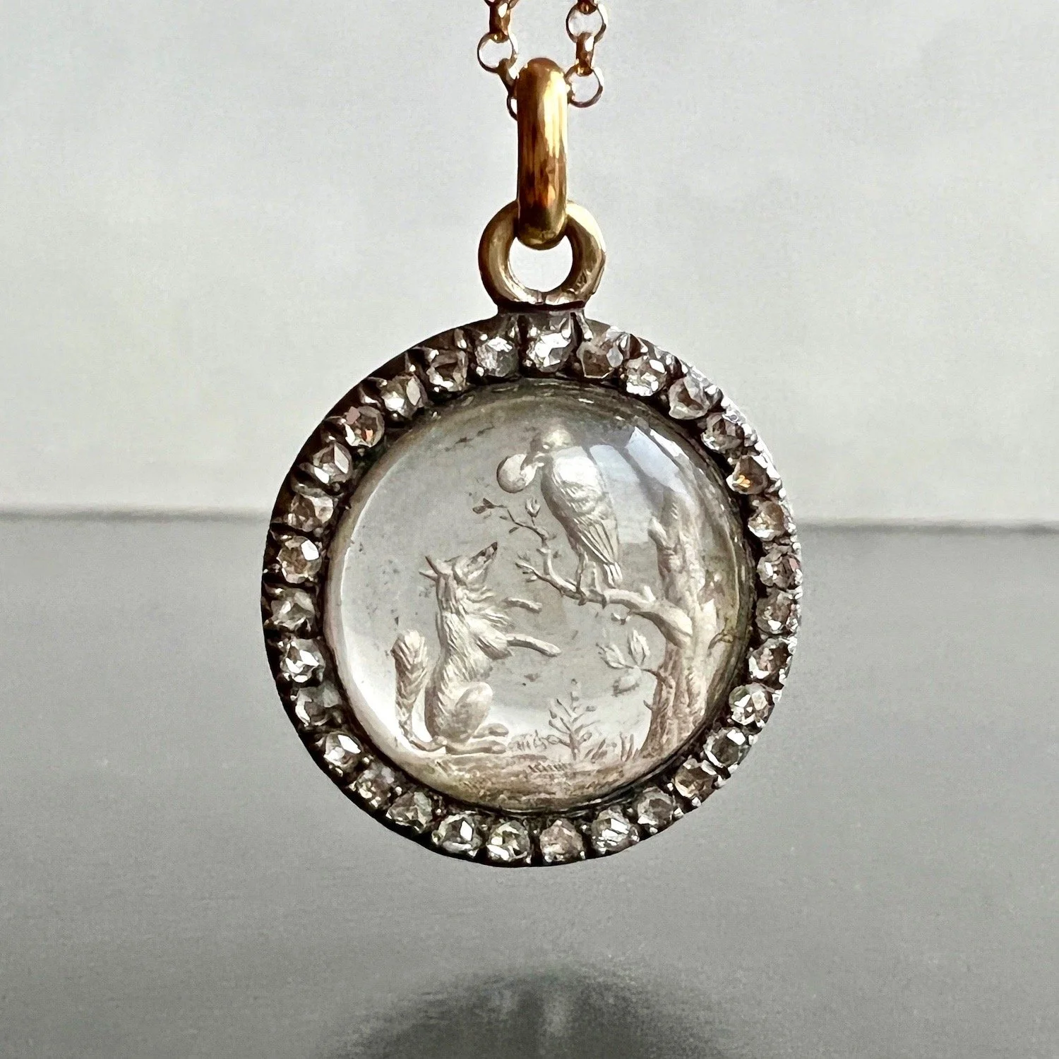 (SOLD) Antique French Rare Reverse Intaglio/Essex Crystal Pendant of “The Crow and The  Fox” from Aesop’s Fables/ La Fontaine’s Fables, with Diamond Halo