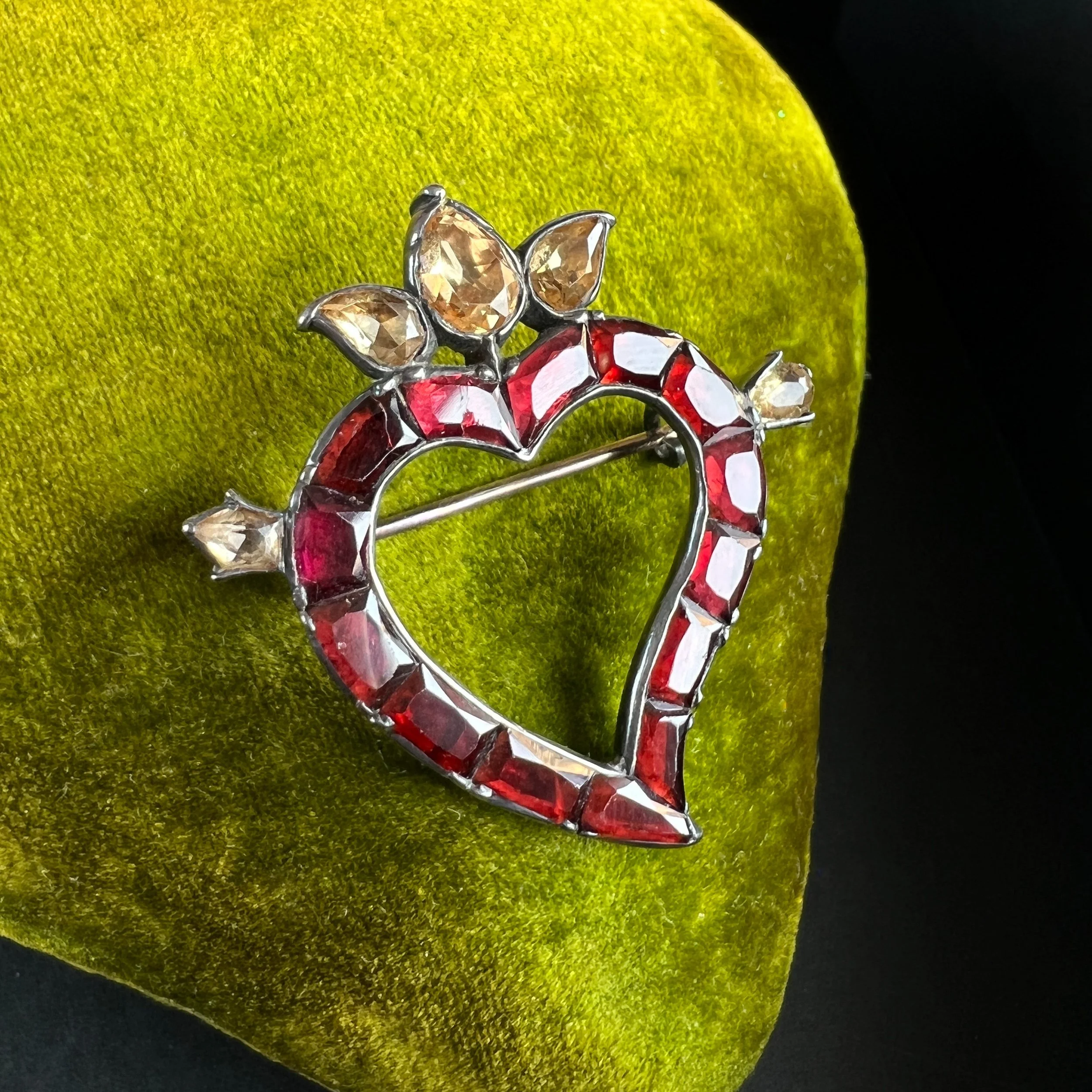 Antique Georgian Flat Cut Garnet and Citrine Witch's Heart Brooch