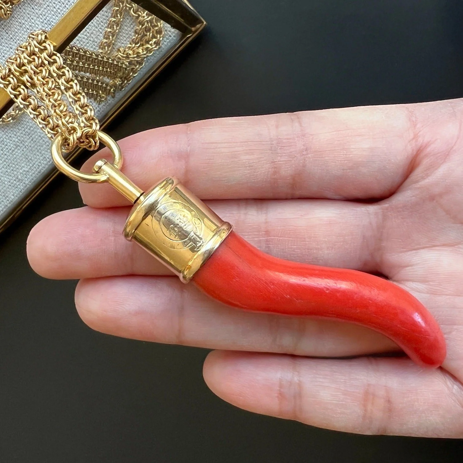 (SOLD) Antique Large Victorian Good Luck Coral Cornicello Amulet Pendant