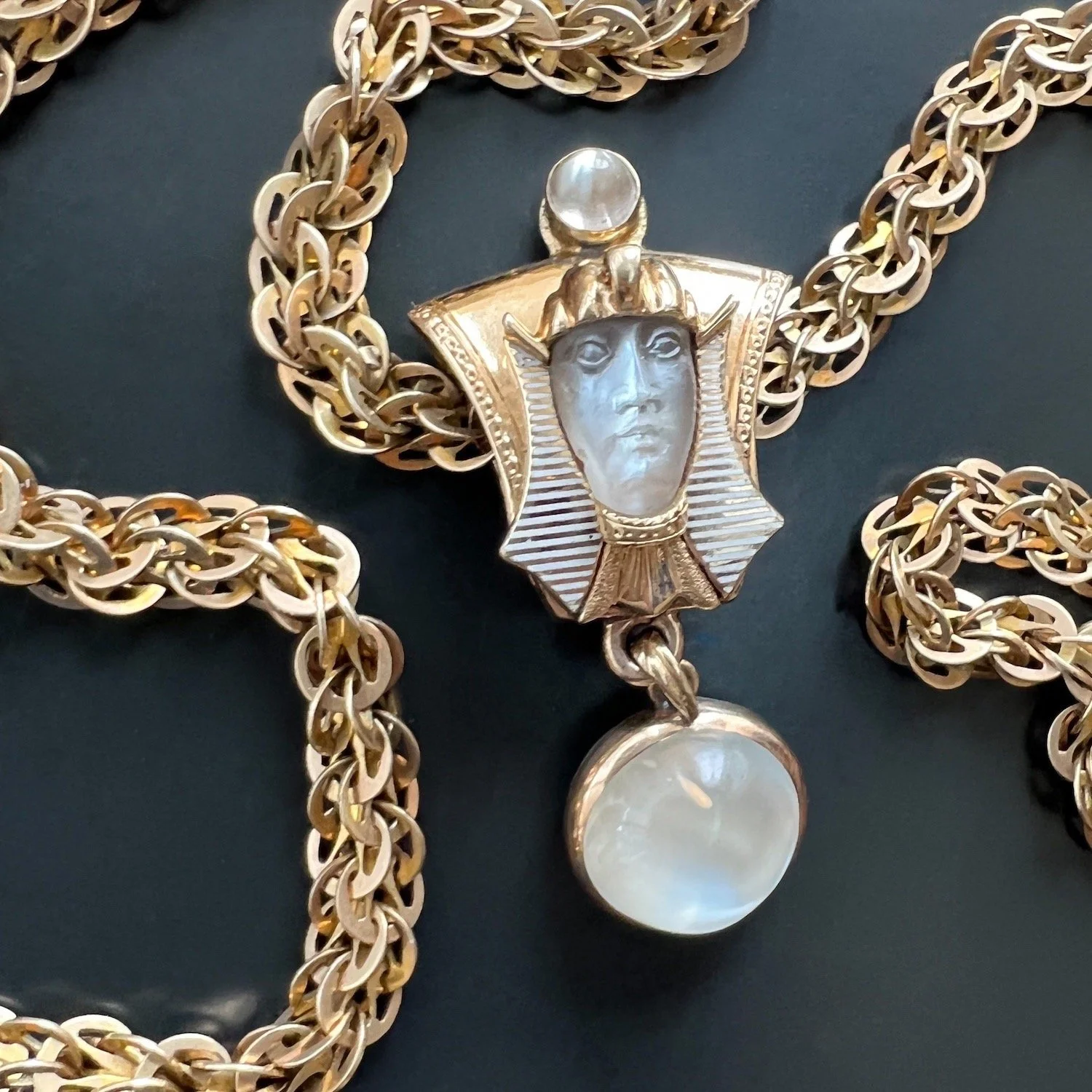 (SOLD) Antique Carved Moonstone Cameo Drop Pendant of Egyptian Pharaoh