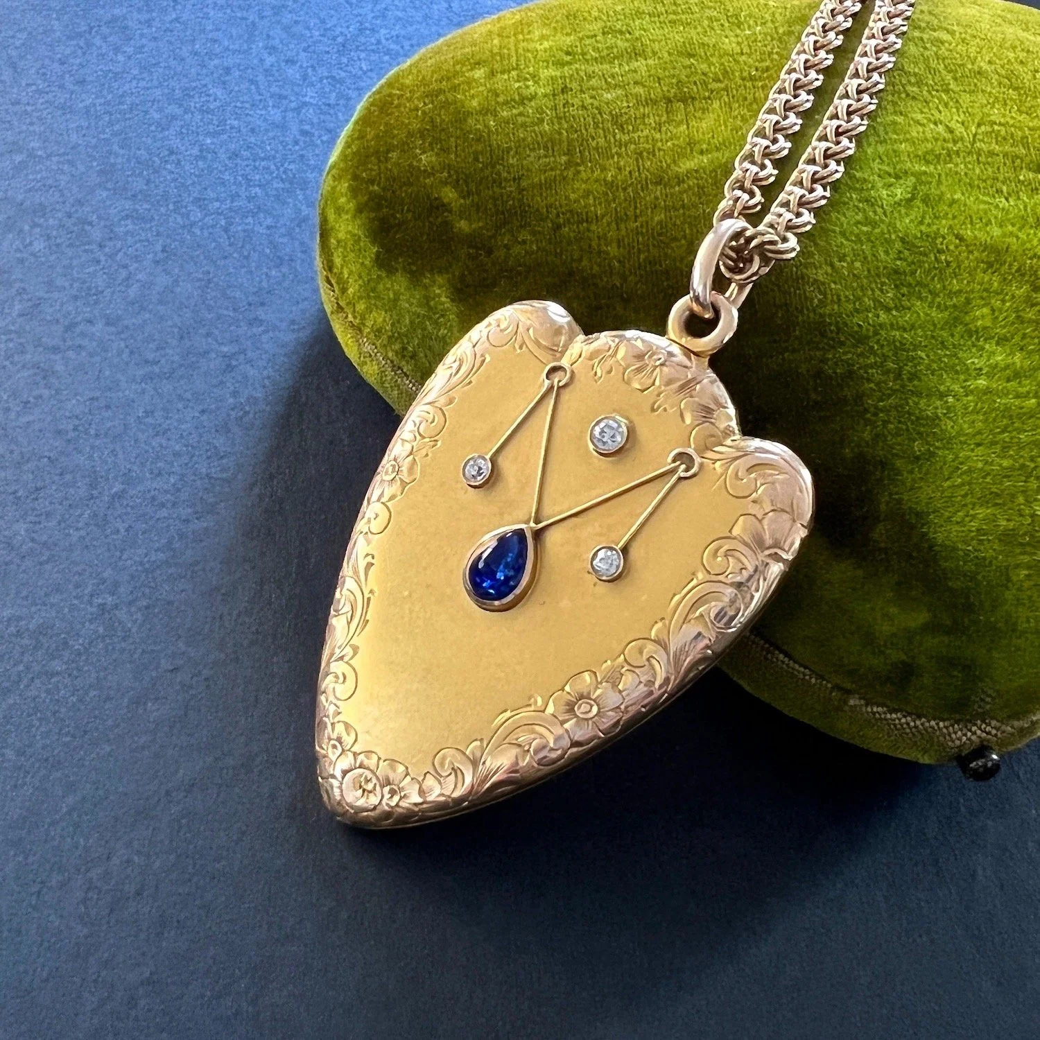 (SOLD) Antique Edwardian Gold, Sapphire, and Diamond Shield Locket