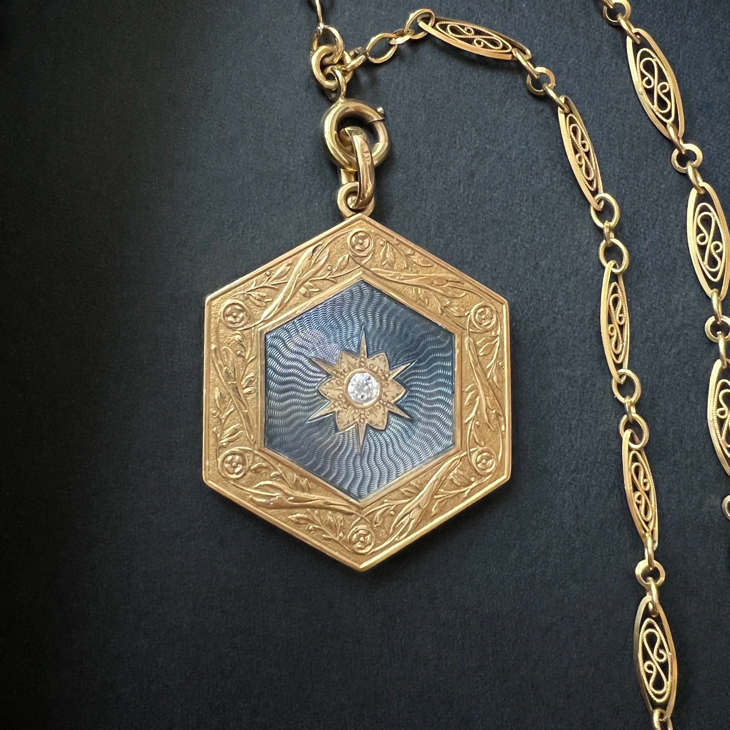 (SOLD) Antique Edwardian North Star Guilloché Enamel and Gold Locket