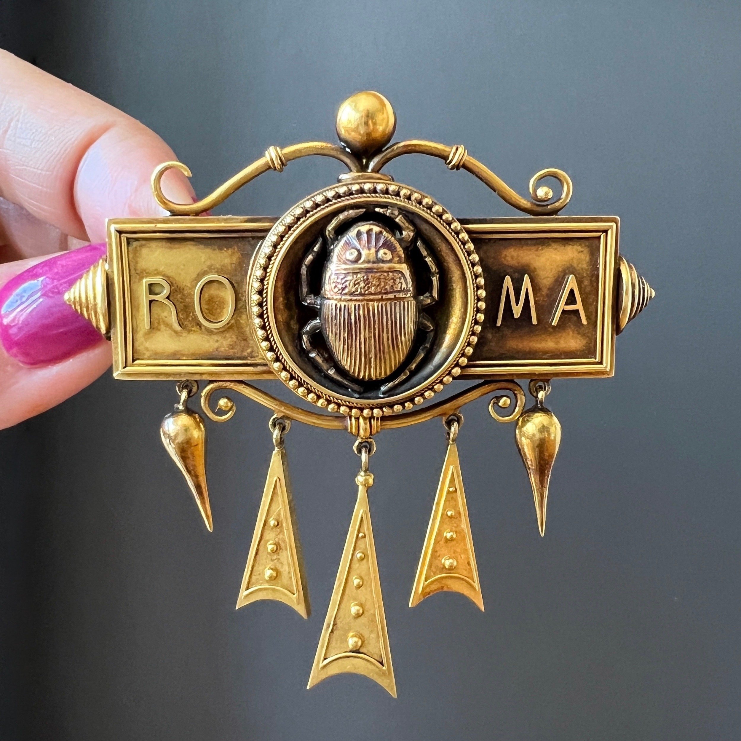 Antique Victorian Etruscan Revival ROMA and Scarab Brooch, Dated 1868, with Locket Compartment