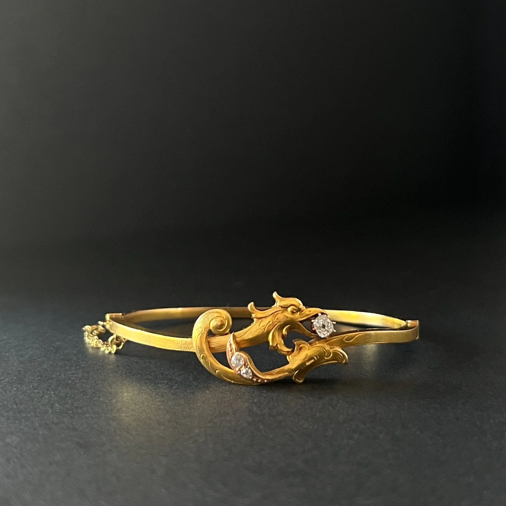 Antique Early 20th Century Gold and Diamond Dragon Hinged Bangle