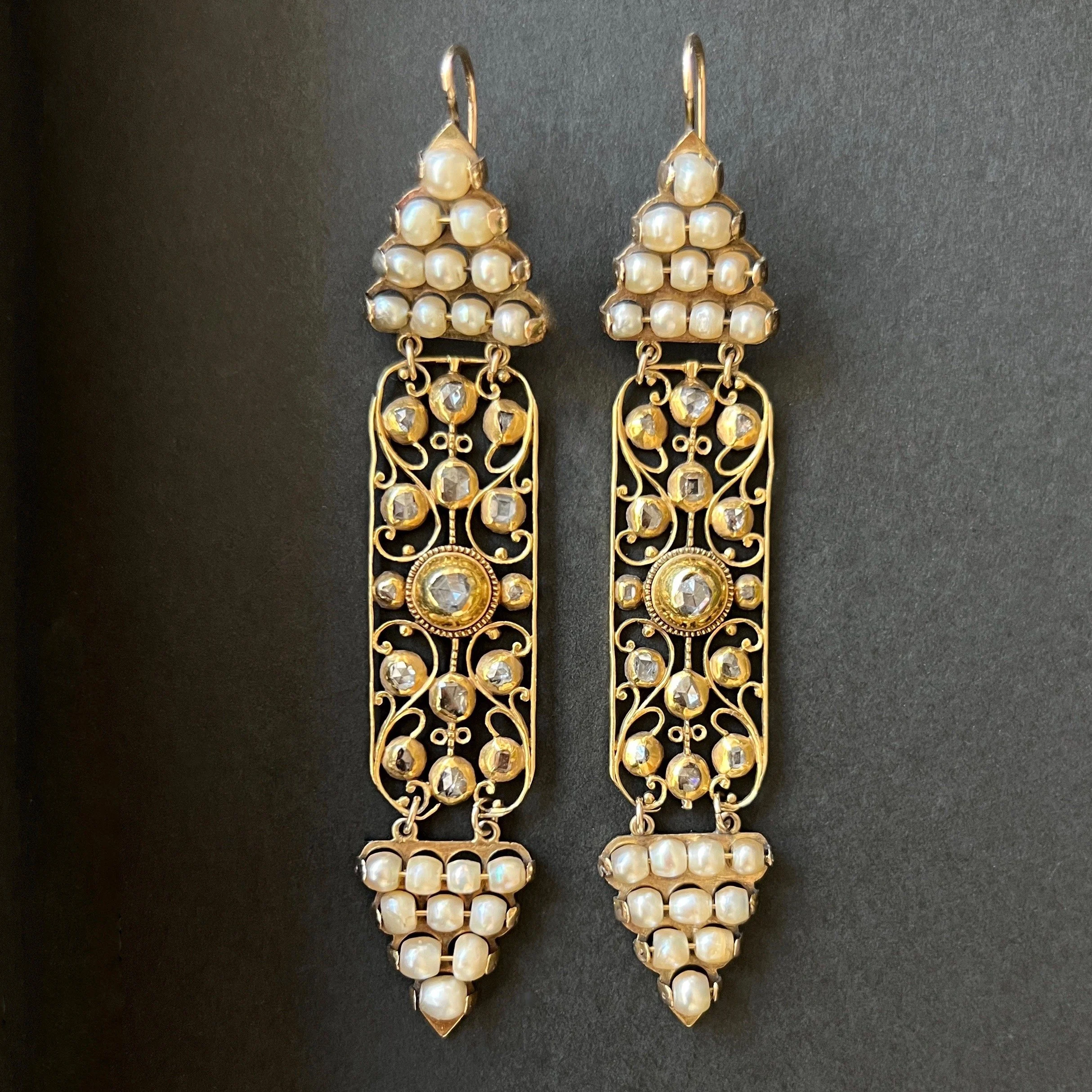 (SOLD) Antique Diamond and Pearl Shoulder Duster Drop Earrings