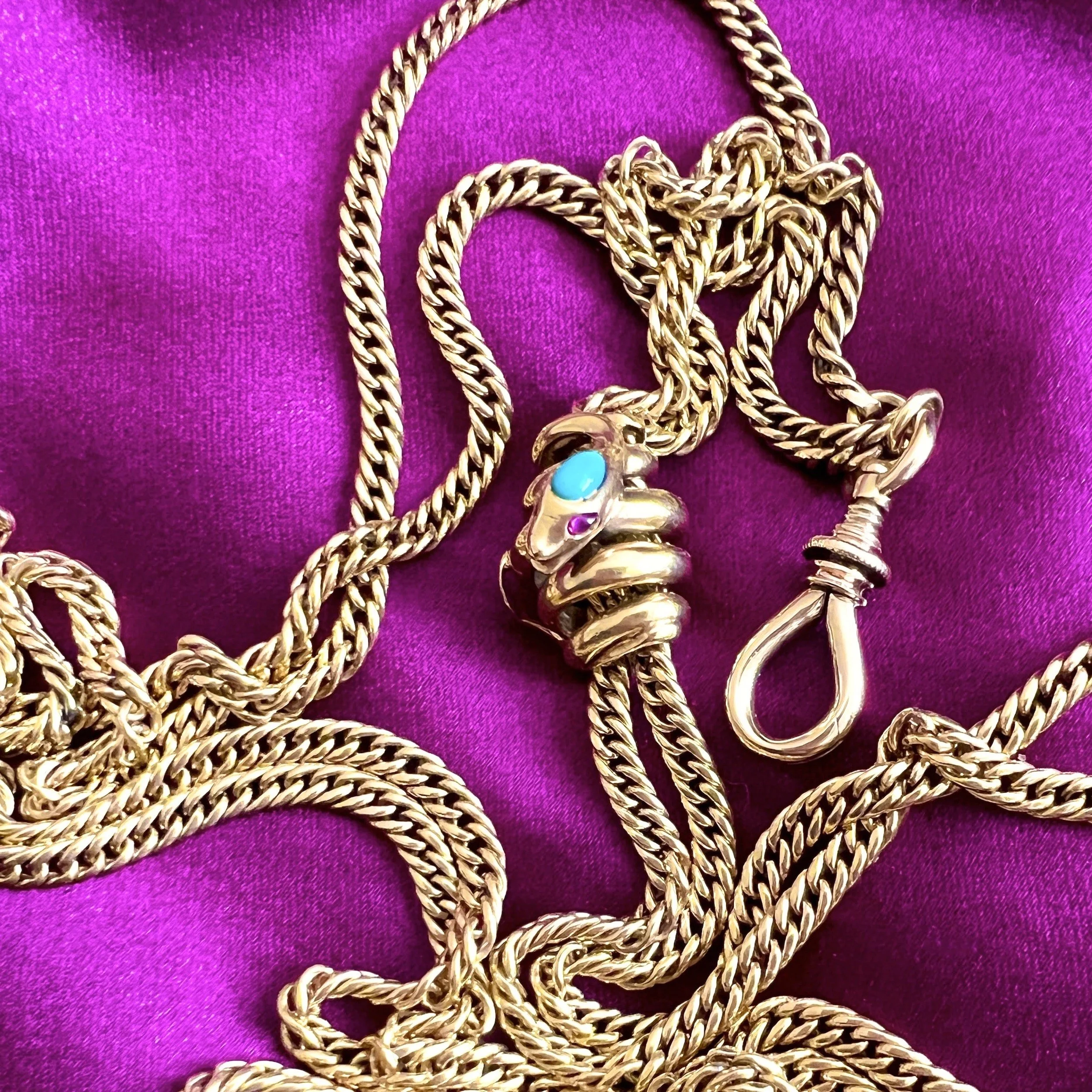 Antique Victorian Gold Long Guard Chain with Coiled Snake Slide