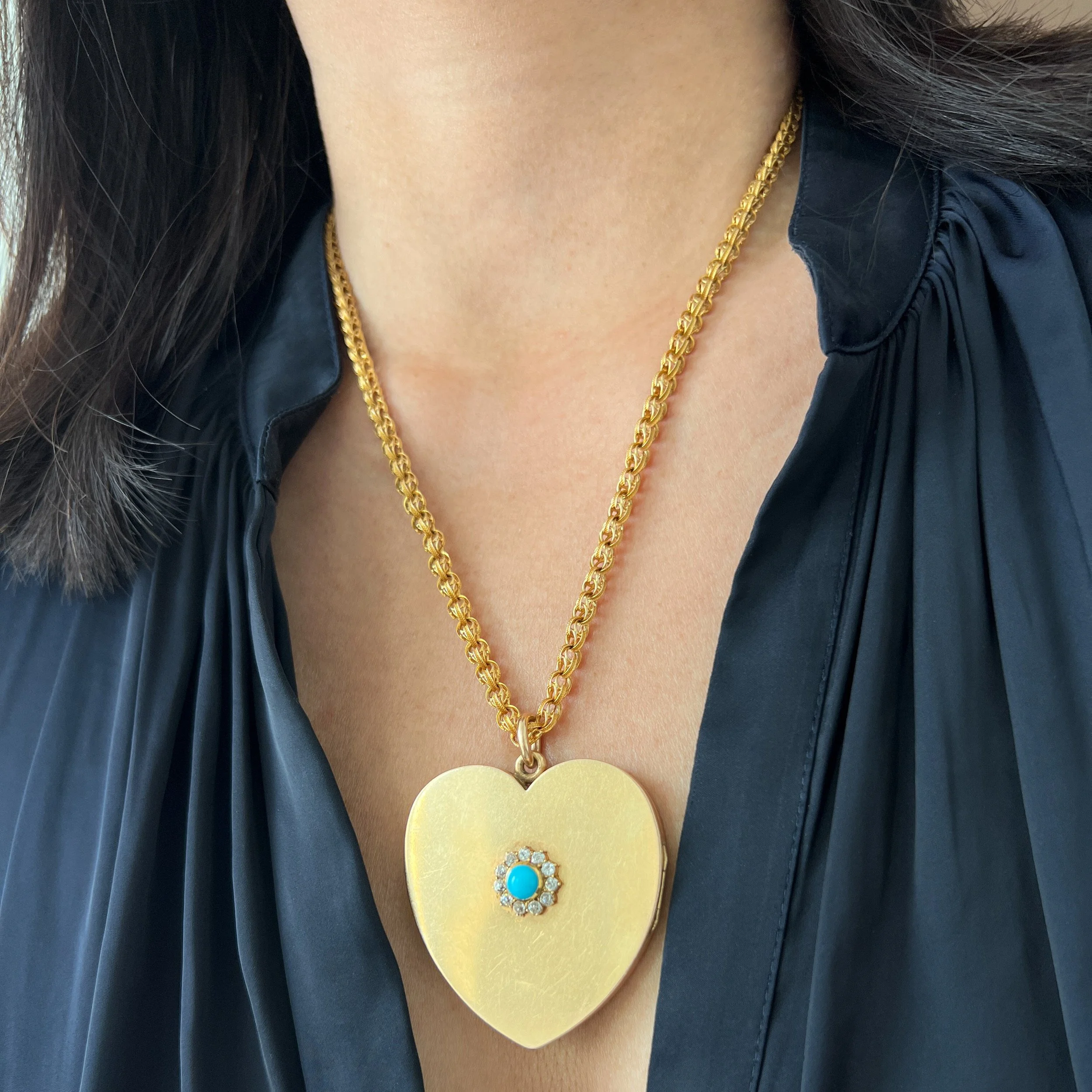 (SOLD) Antique Edwardian Extra-Large Heart Gold Locket with Turquoise and Diamond Cluster