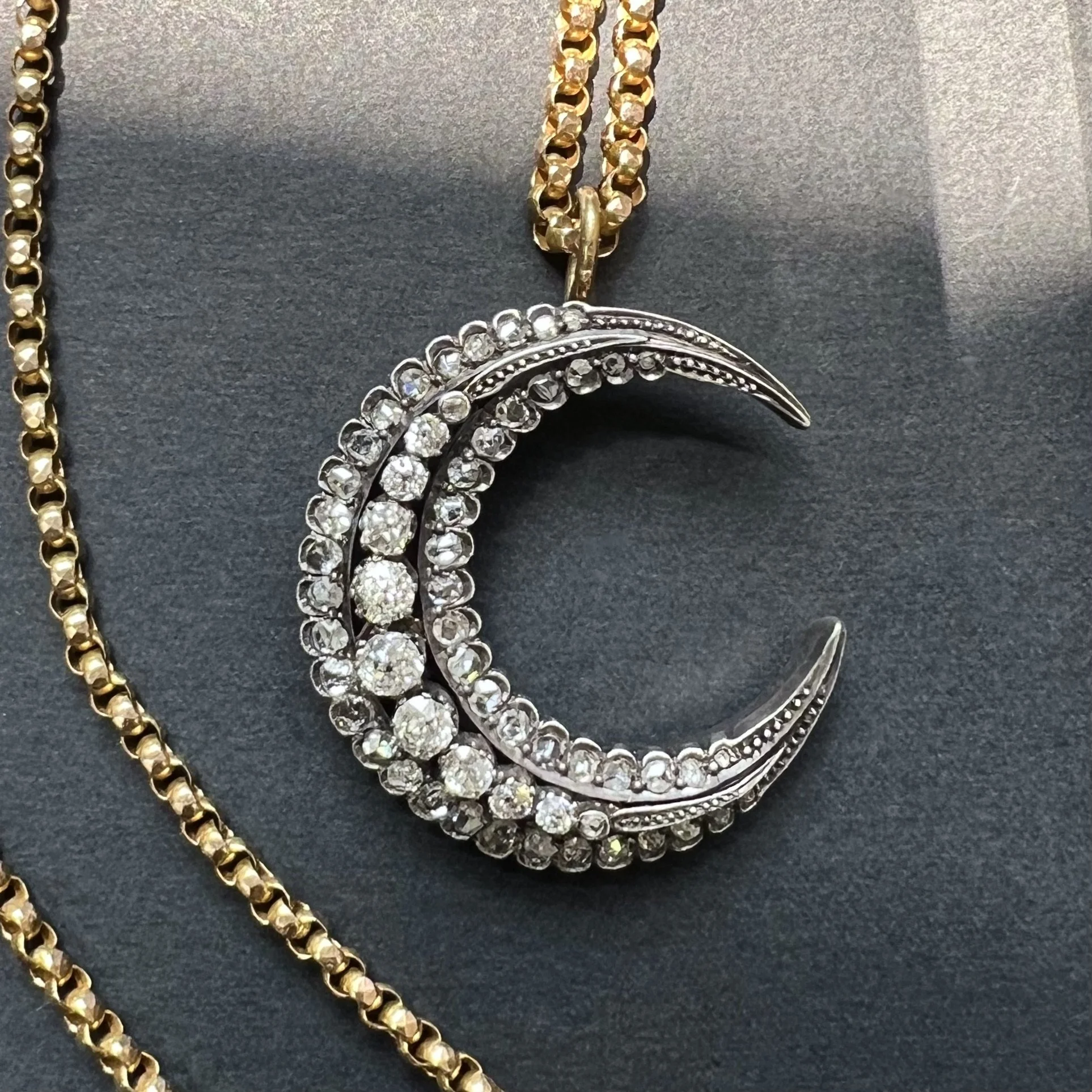 (SOLD) Antique French Diamond Triple Crescent Moon Convertible Pendant Brooch