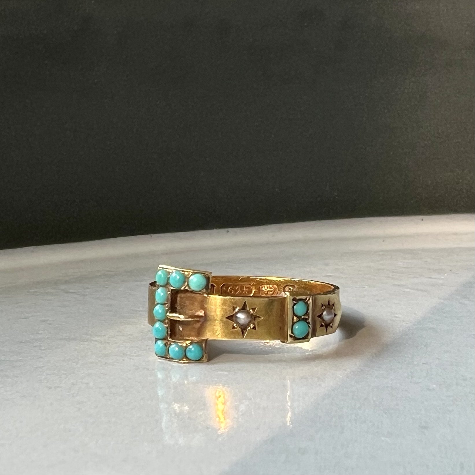 (SALE) Antique Victorian Gold and Turquoise Buckle Belt Ring
