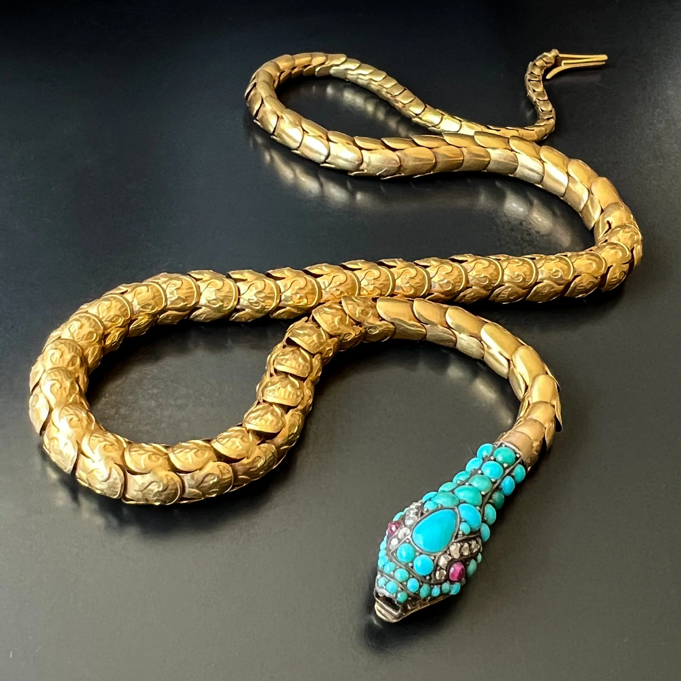 (SOLD) Antique Victorian Gold and Turquoise Ouroboros Snake Collar Necklace