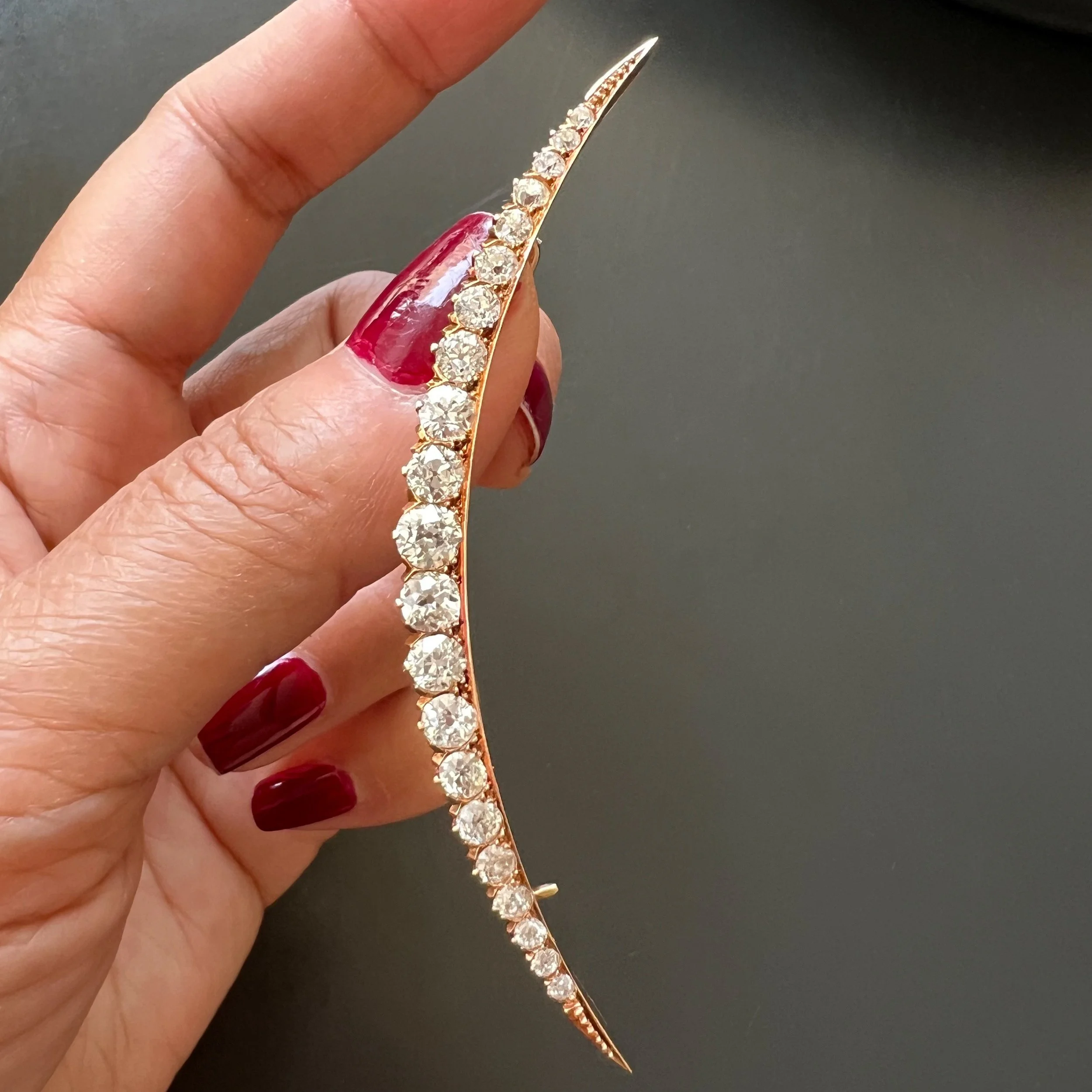 Antique Victorian Gold and Diamond Large Open Crescent Brooch, 3.8 ctw