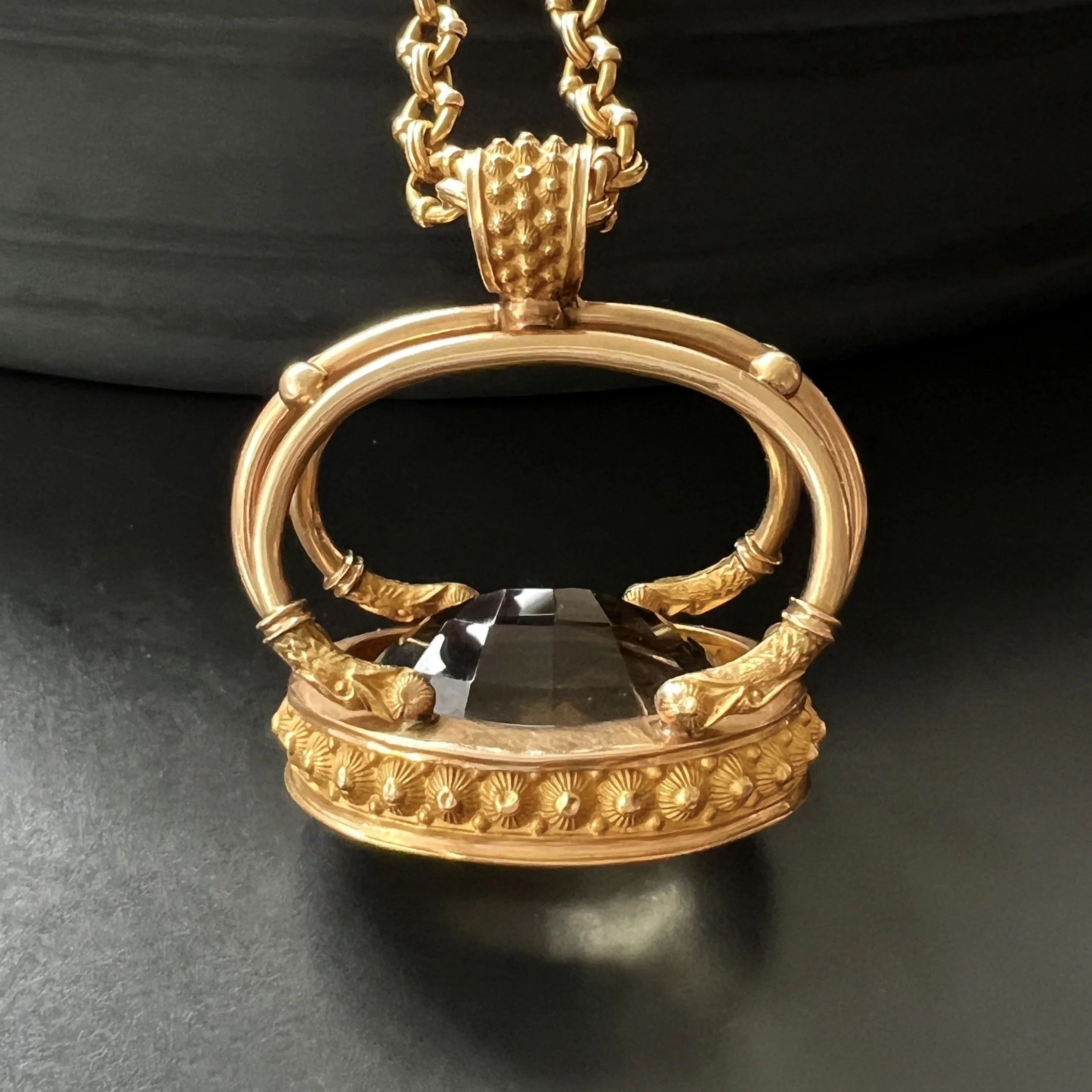 (SOLD) Antique French Early 19th Century Gold and Citrine Seal Fob Pendant, with Sea Serpents