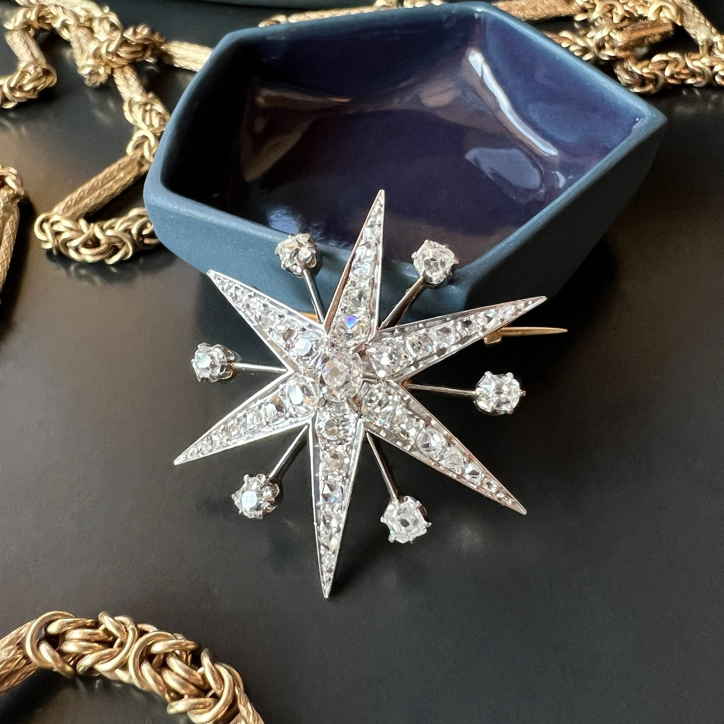 Antique Diamond and Platinum 6 Point Rayed Star Brooch (2.34 ctw)