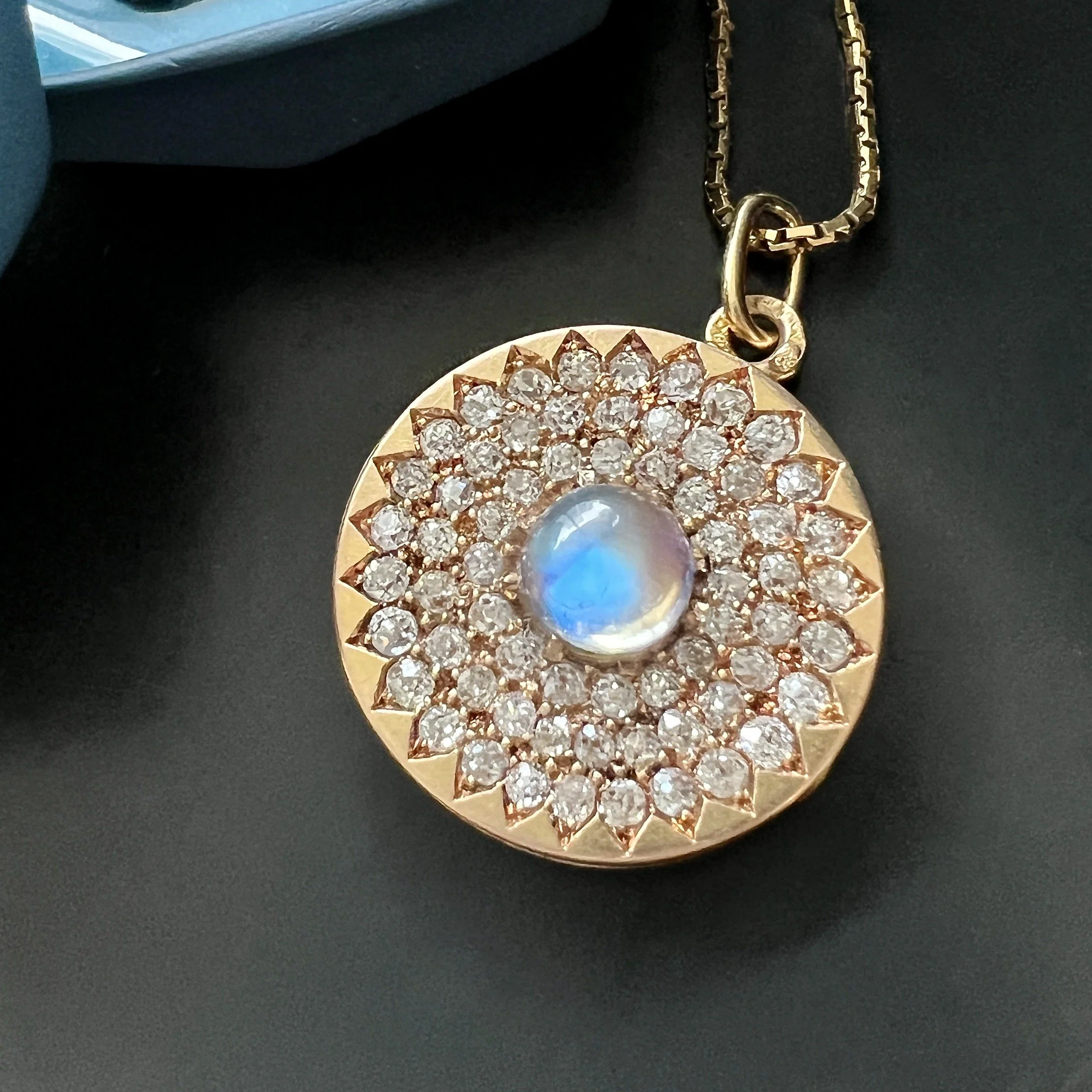 (SOLD) Vintage Moonstone and Diamond "Halo Moon" Locket with Chain