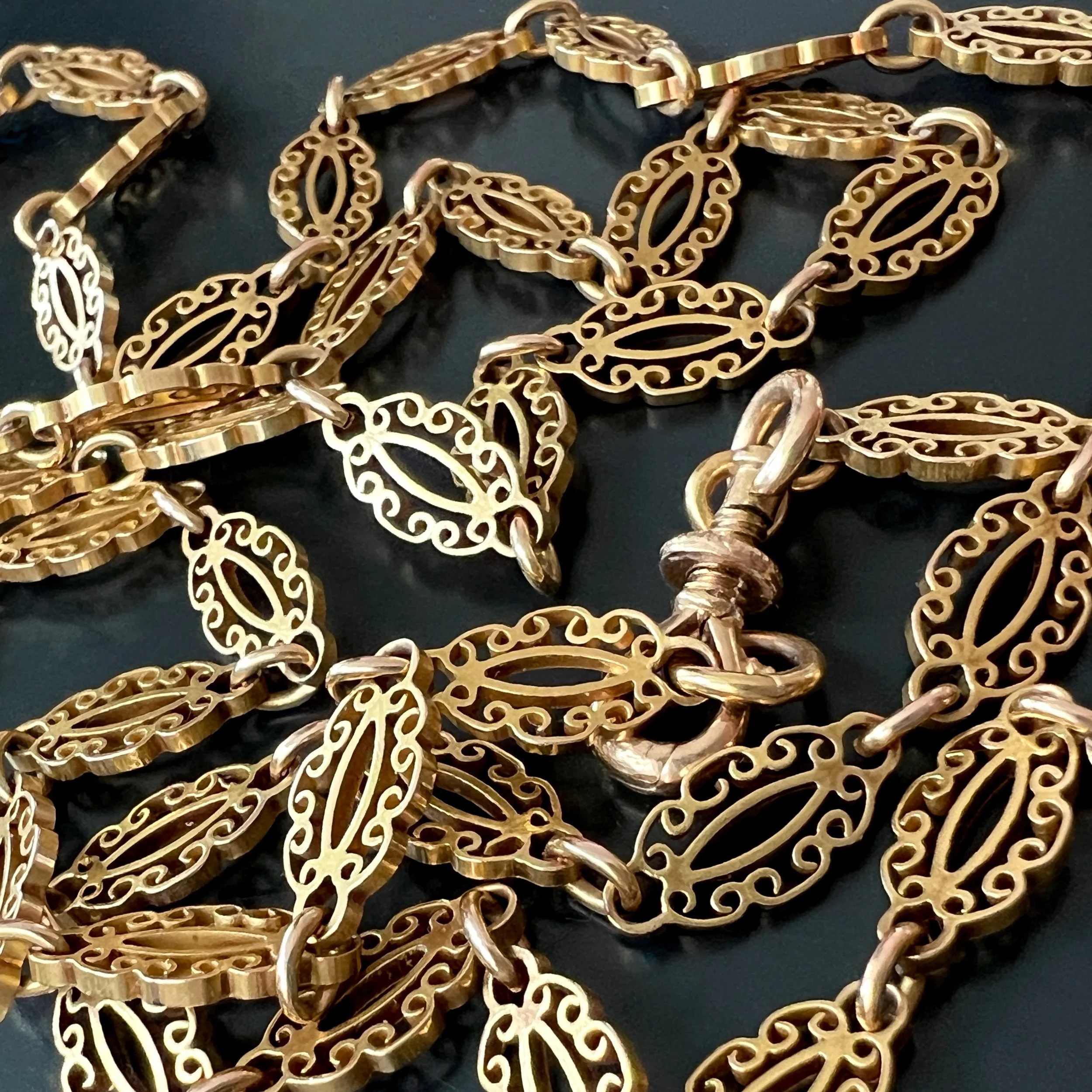 (SOLD) Antique Victorian Era Ornate Scrolled Plaque Sautoir Chain