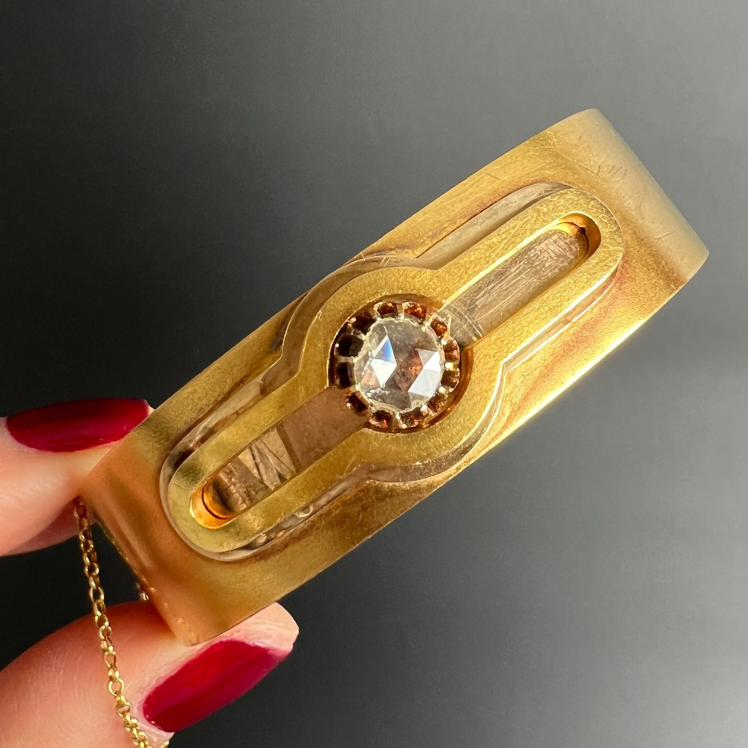 (SOLD) Antique Victorian Rose Cut Diamond Solitaire and Gold Bangle, with Antique Box