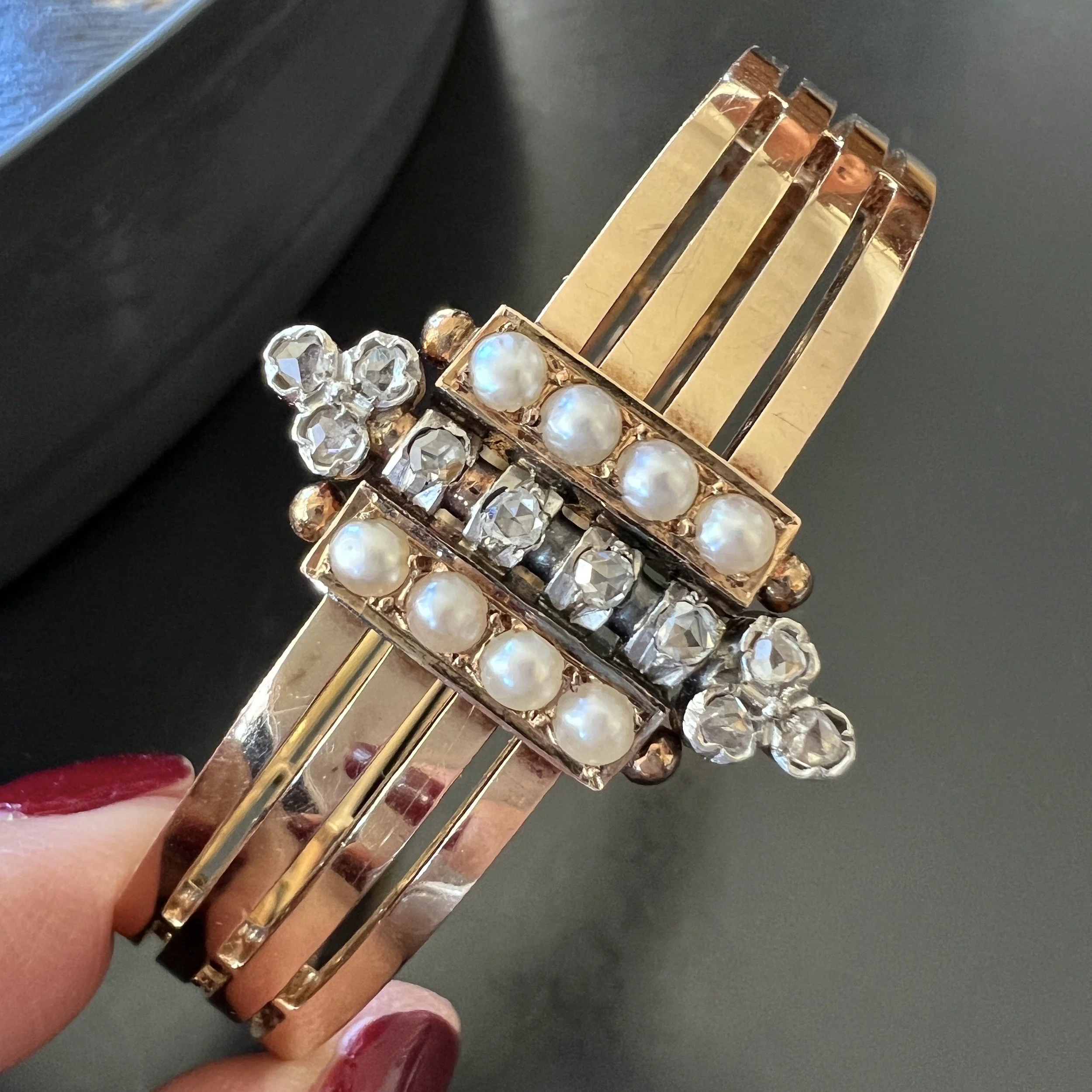 Antique French Victorian Rose Cut Diamond Trefoil and Pearl Bangle