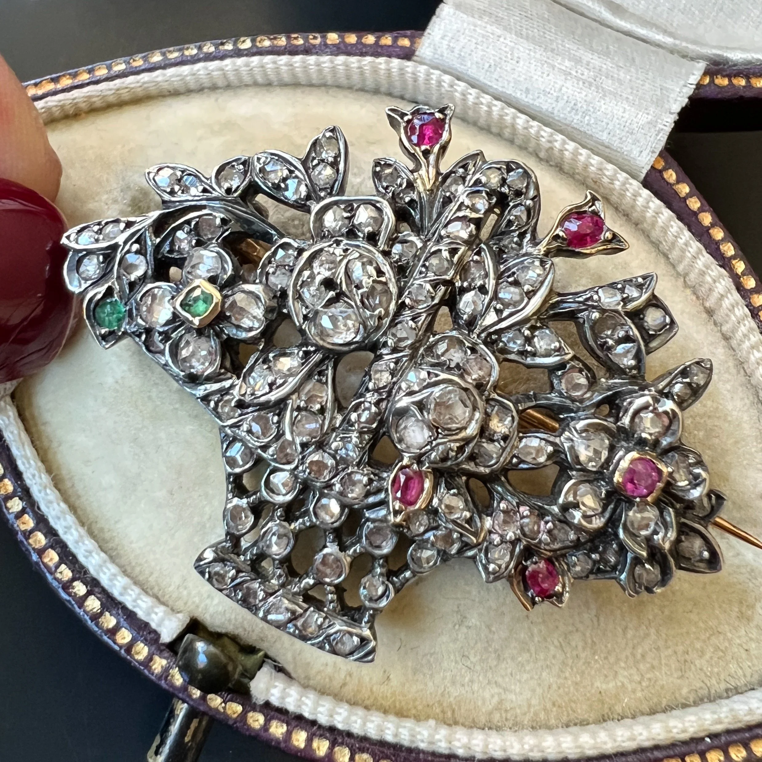 Antique French Jardinière Flower Basket Brooch with Diamonds, Emeralds, and Rubies