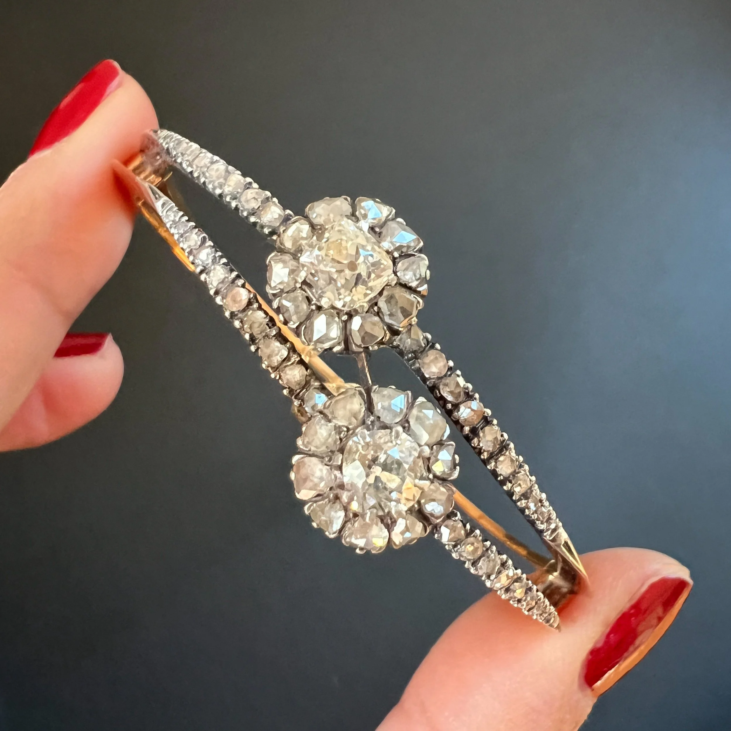 (SOLD) Antique French "Toi et Moi" Diamond Cluster Bypass Hinged Bangle, 2.5.CTW (Convertible Diamond Clusters)