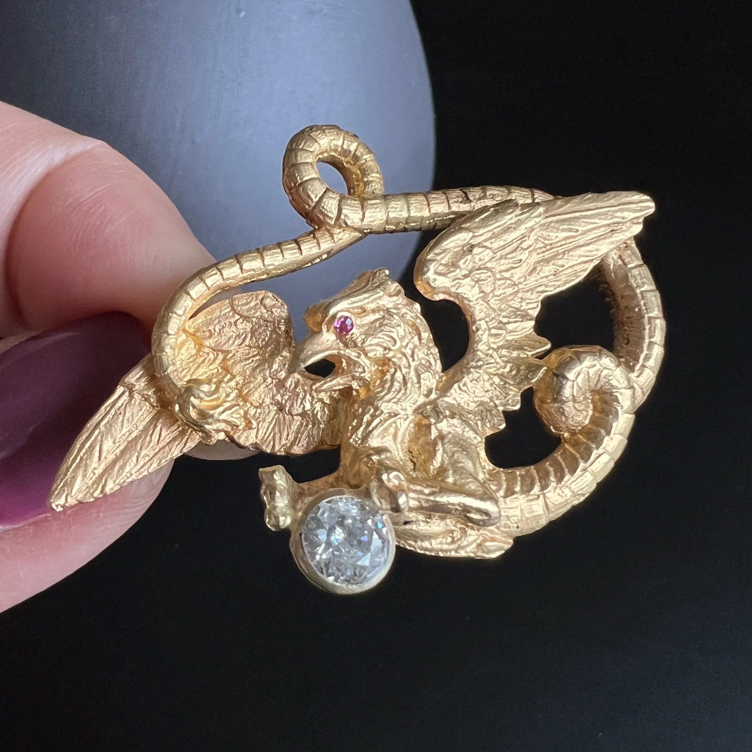 Antique Gold and Diamond Dragon Pendant Brooch
