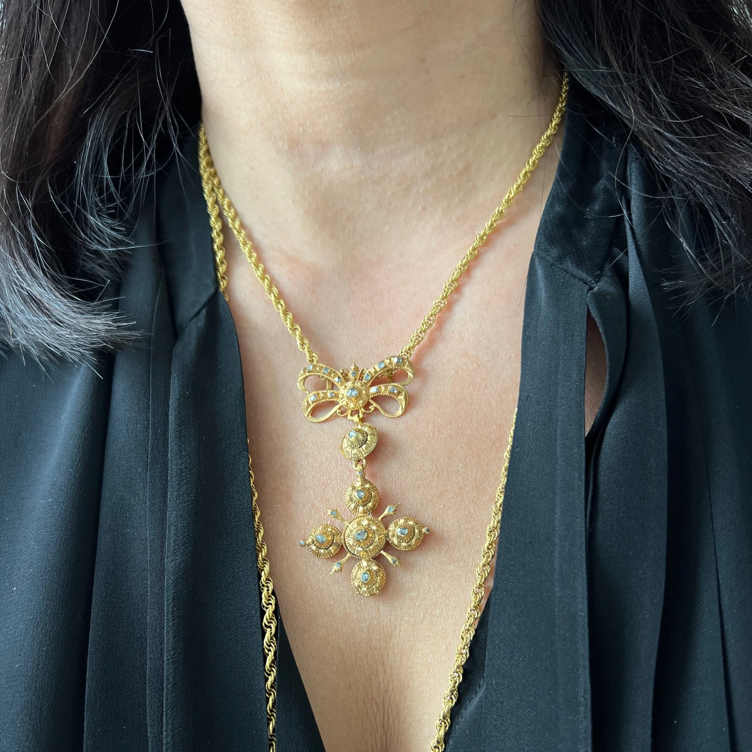 Antique Iberian Gold and Diamond Cruciform Pendant with Bow