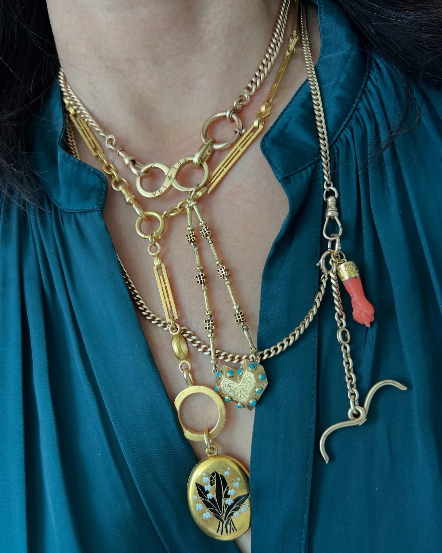 Evolution of purpose. Watch chains are survivors. The pocket watch was replaced by the wristwatch, but the watch chains live on. Today, we wear them as necklaces. The clasps make for built in charm holders. Look for the double Albert chains for a mor