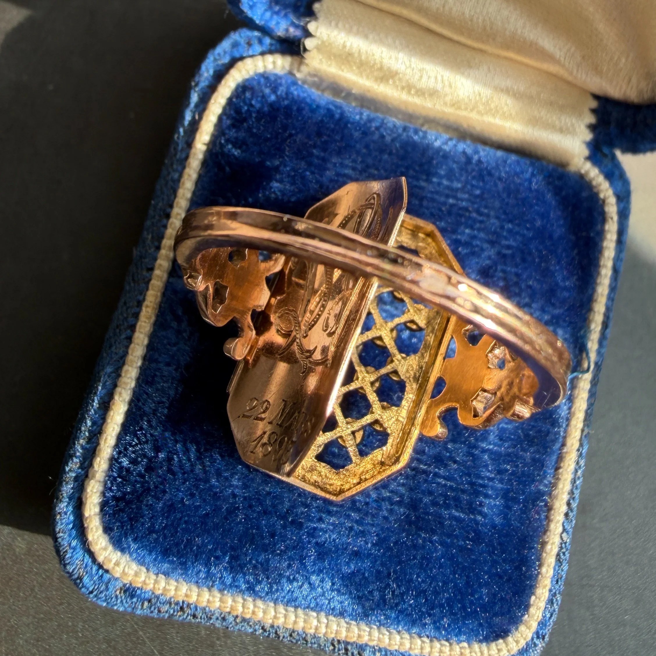 Antique French Gold and Silver Marcasite Lattice Secret Compartment Ring, Inscribed 1893