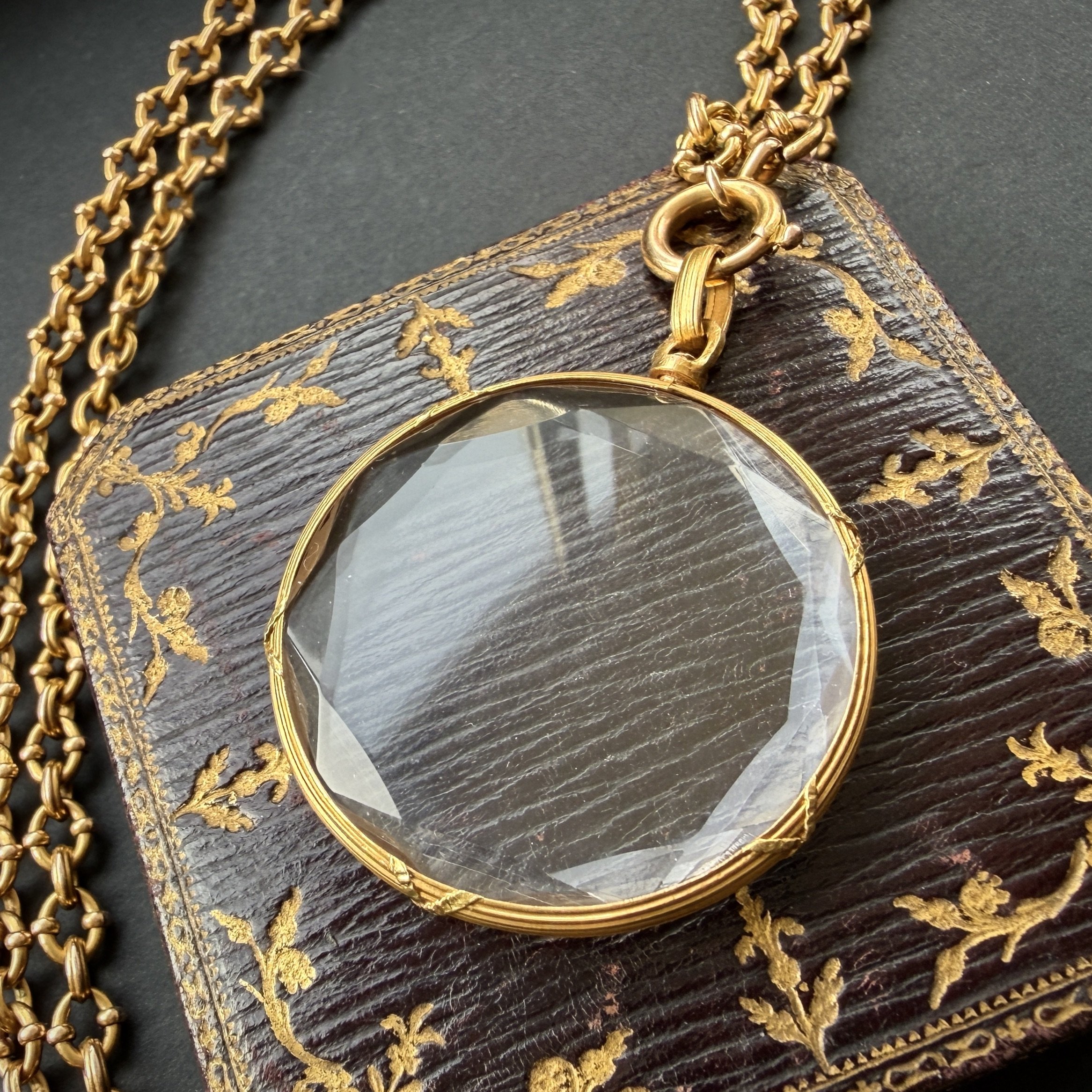 Antique French XL Gold and Faceted Glass Round Locket -- Front View