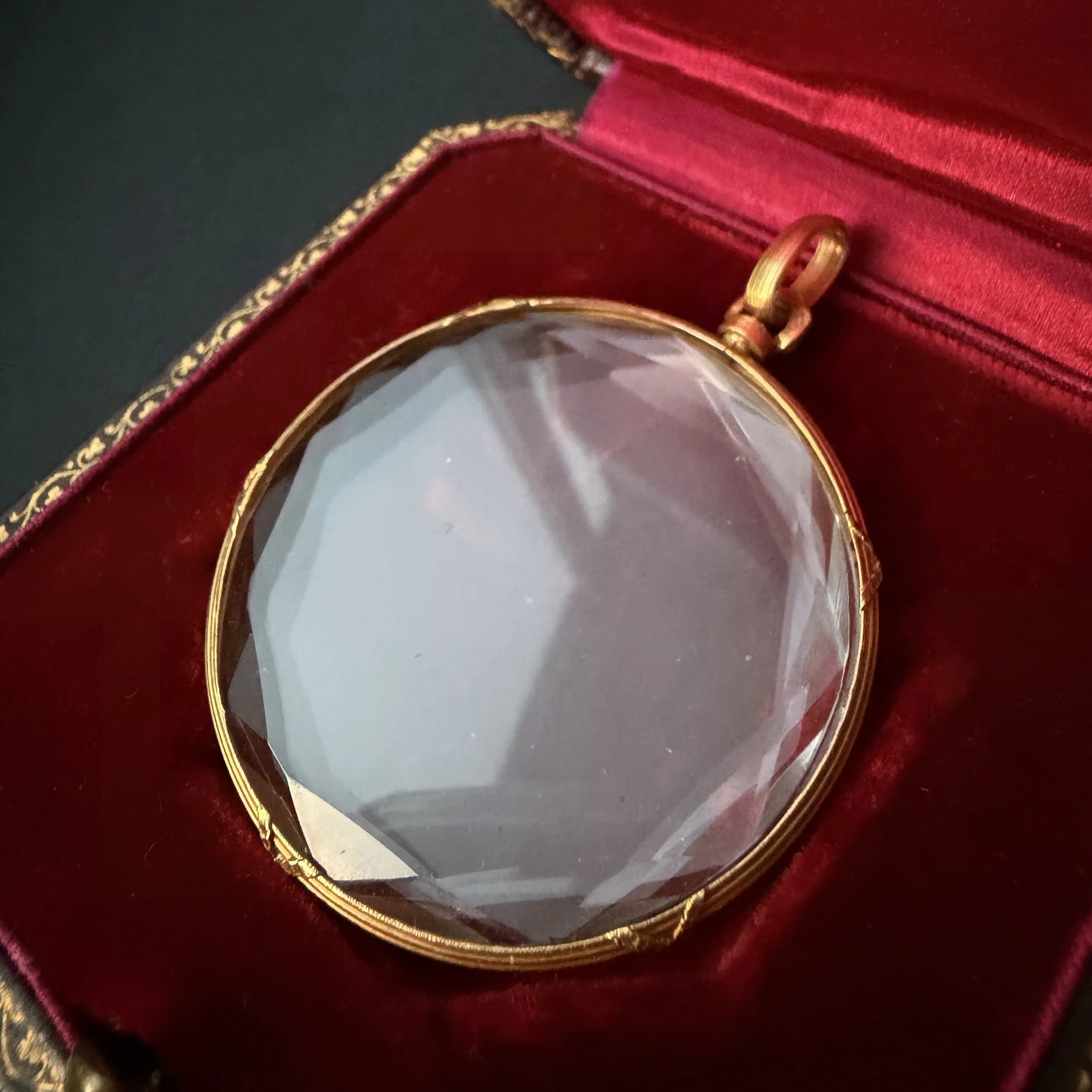 Antique French XL Gold and Faceted Glass Round Locket -- In Red Box